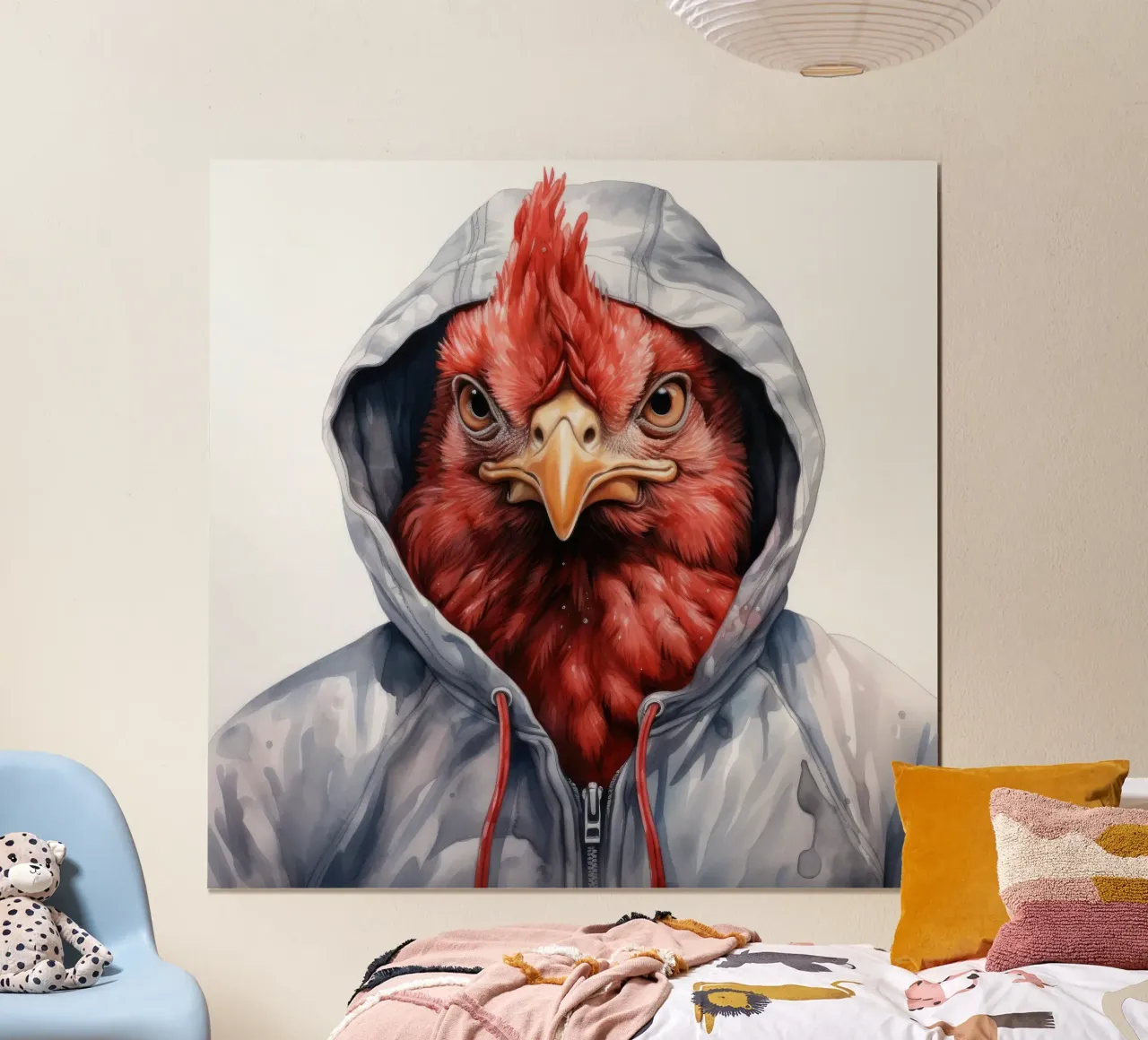 Cartone animato acquerellato Pollo in felpa con cappuccio carta hahnemühle da Animal Portraits