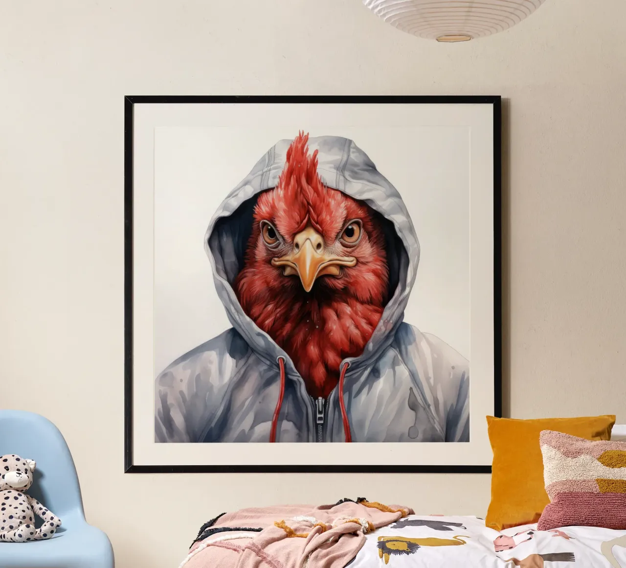 Cartone animato acquerellato Pollo in felpa con cappuccio carta hahnemühle da Animal Portraits