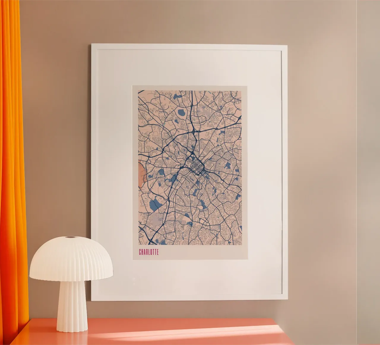 Mappa della città di Charlotte poster con telaio in alluminio da MOOODZART