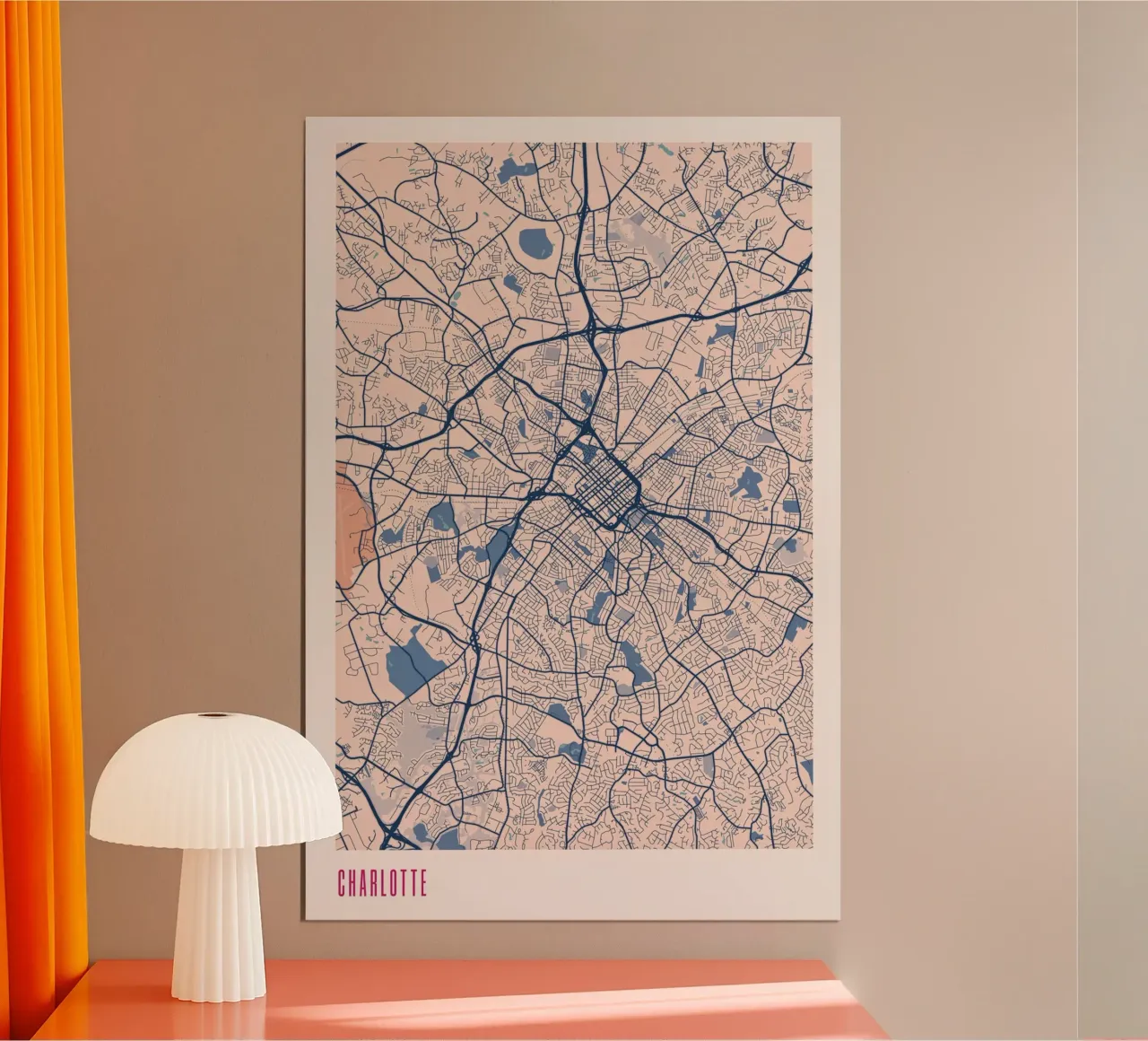 Mappa della città di Charlotte poster con telaio in alluminio da MOOODZART