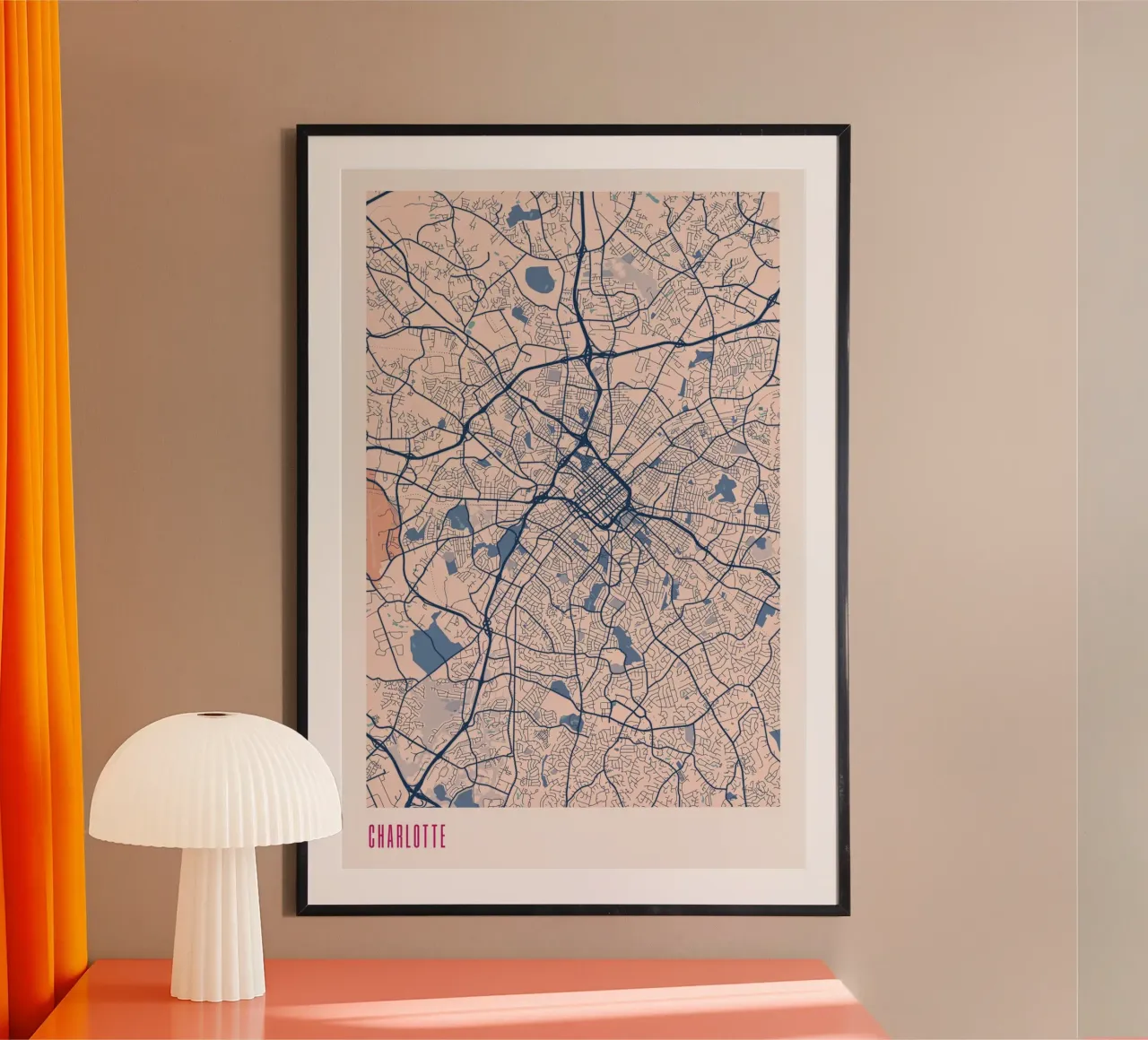 Mappa della città di Charlotte poster con telaio in alluminio da MOOODZART