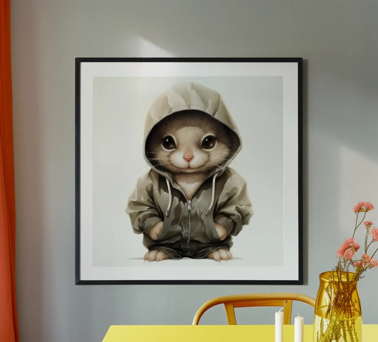 Cartone animato acquerellato con cincillà in felpa con cappuccio poster con telaio in plastica da Animal Portraits