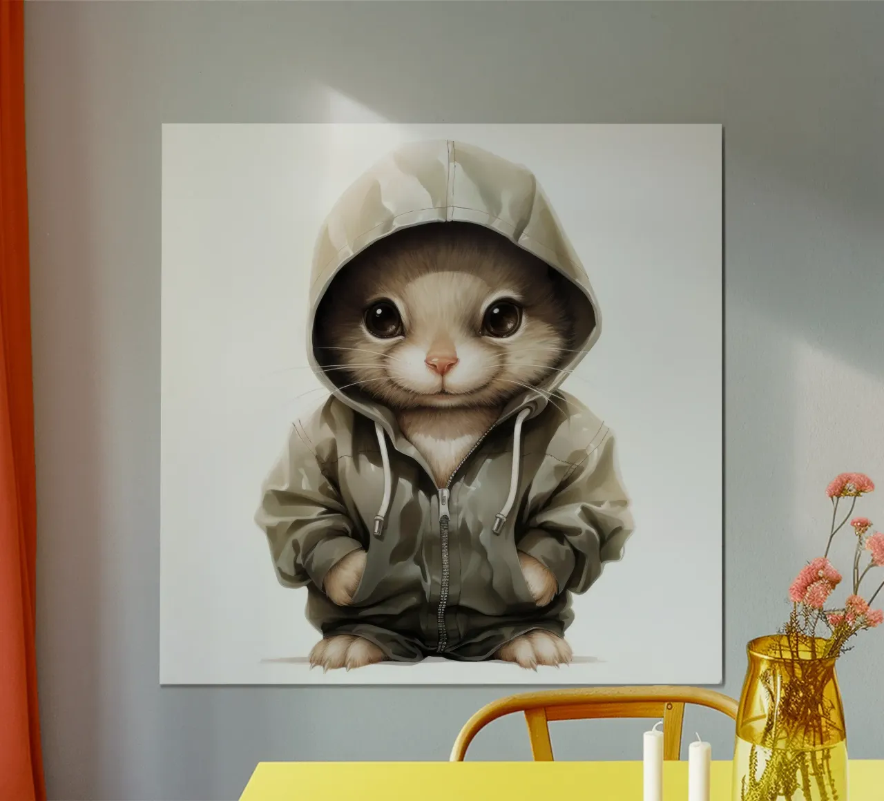 Cartone animato acquerellato con cincillà in felpa con cappuccio poster con telaio in plastica da Animal Portraits