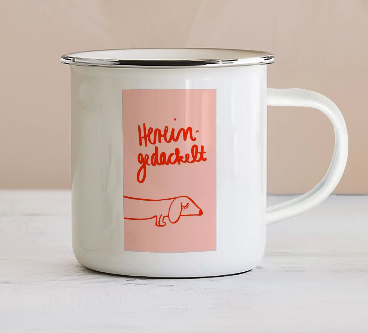 Hereingedackelt Emaille Tasse von Hej Ibiza by Ute Arnold