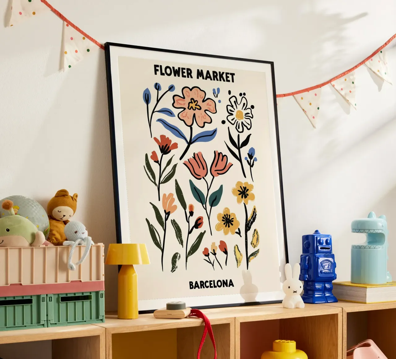Mercato dei fiori, Barcellona, Spagna, Illustrazione poster con telaio in alluminio da Peaches Art Prints