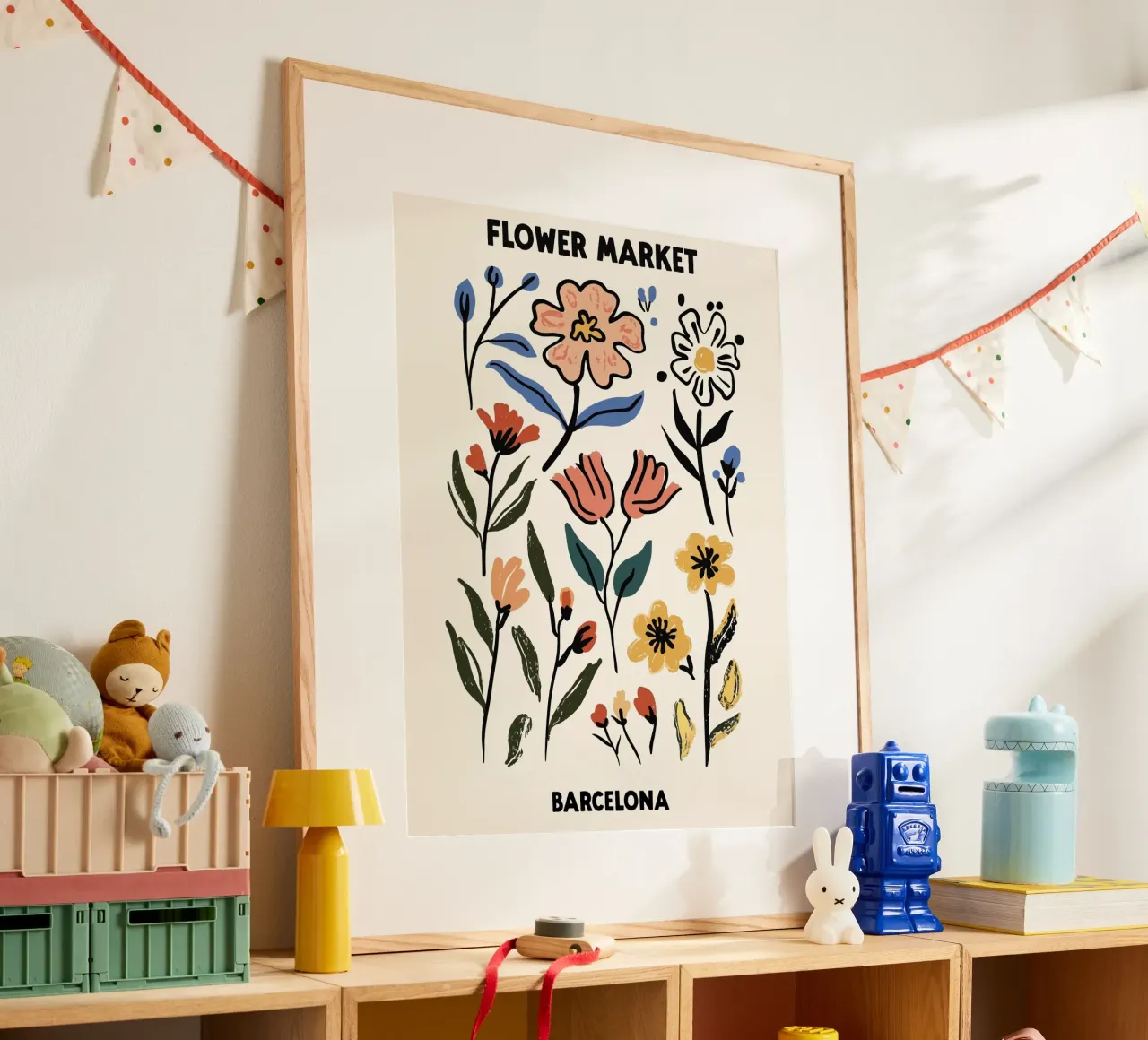 Mercato dei fiori, Barcellona, Spagna, Illustrazione poster con telaio in alluminio da Peaches Art Prints