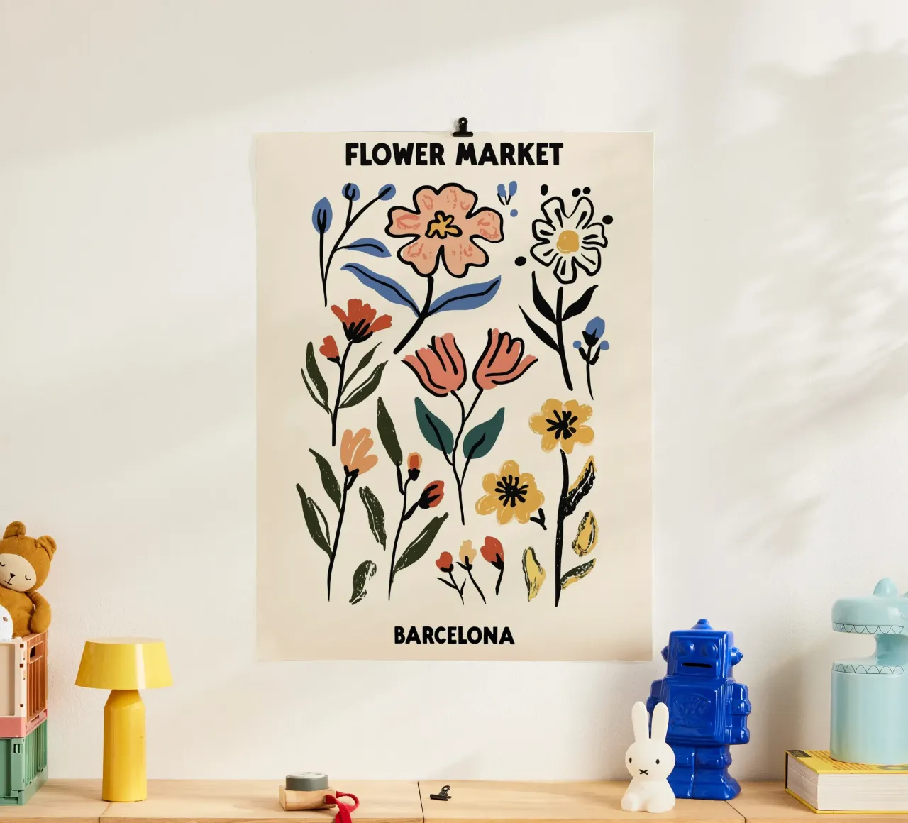 Mercato dei fiori, Barcellona, Spagna, Illustrazione poster con telaio in alluminio da Peaches Art Prints