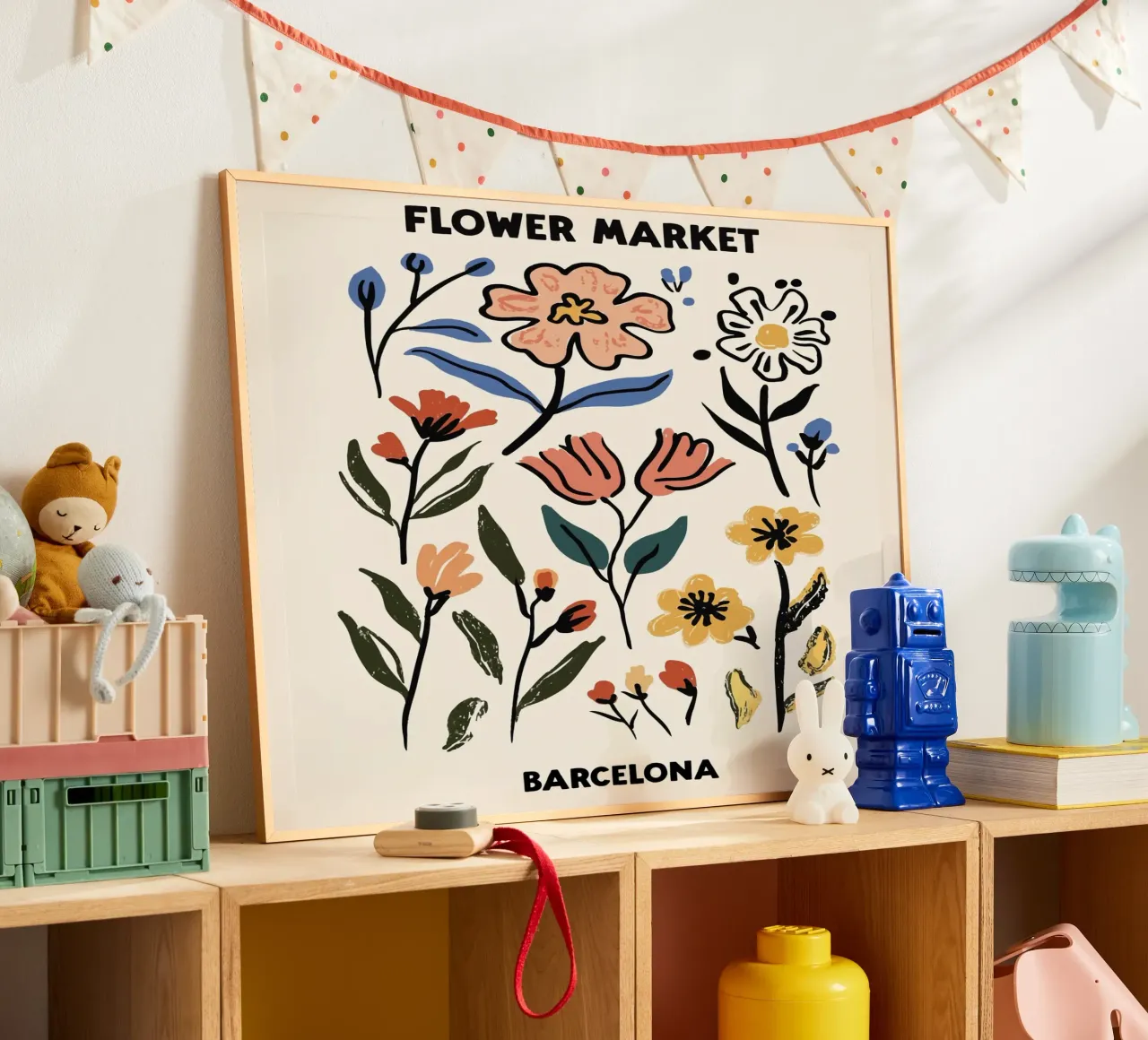 Mercato dei fiori, Barcellona, Spagna, Illustrazione poster con telaio in alluminio da Peaches Art Prints