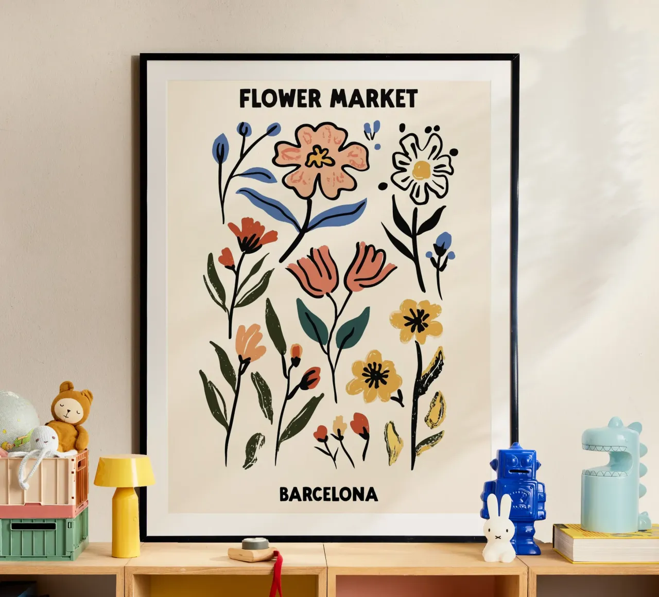 Mercato dei fiori, Barcellona, Spagna, Illustrazione poster con telaio in alluminio da Peaches Art Prints