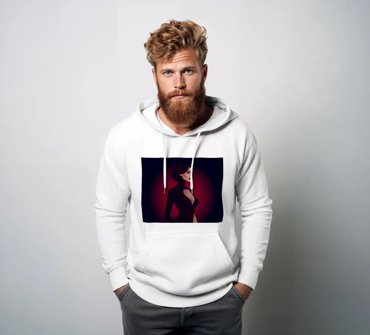 Donna elegante in un elegante abito nero posa felpa con cappuccio da DesignDoodle