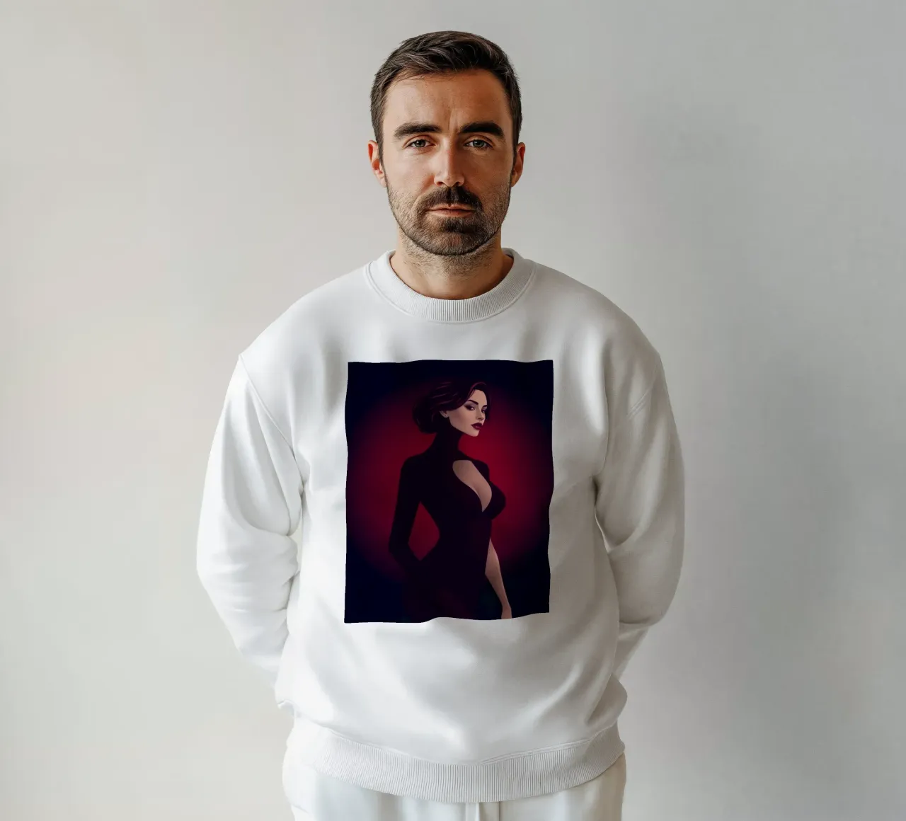 Donna elegante in un elegante abito nero posa felpa da DesignDoodle