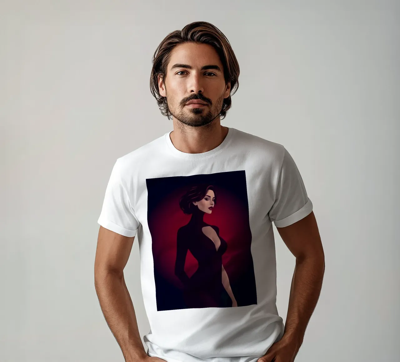 Elegante vrouw in een gestroomlijnde zwarte outfit poseert t-shirt van DesignDoodle