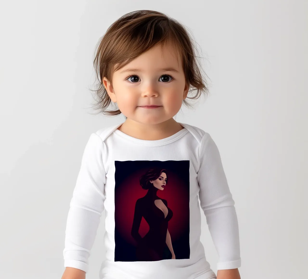 Elegant woman in a sleek black outfit poses long-sleeve baby romper by DesignDoodle