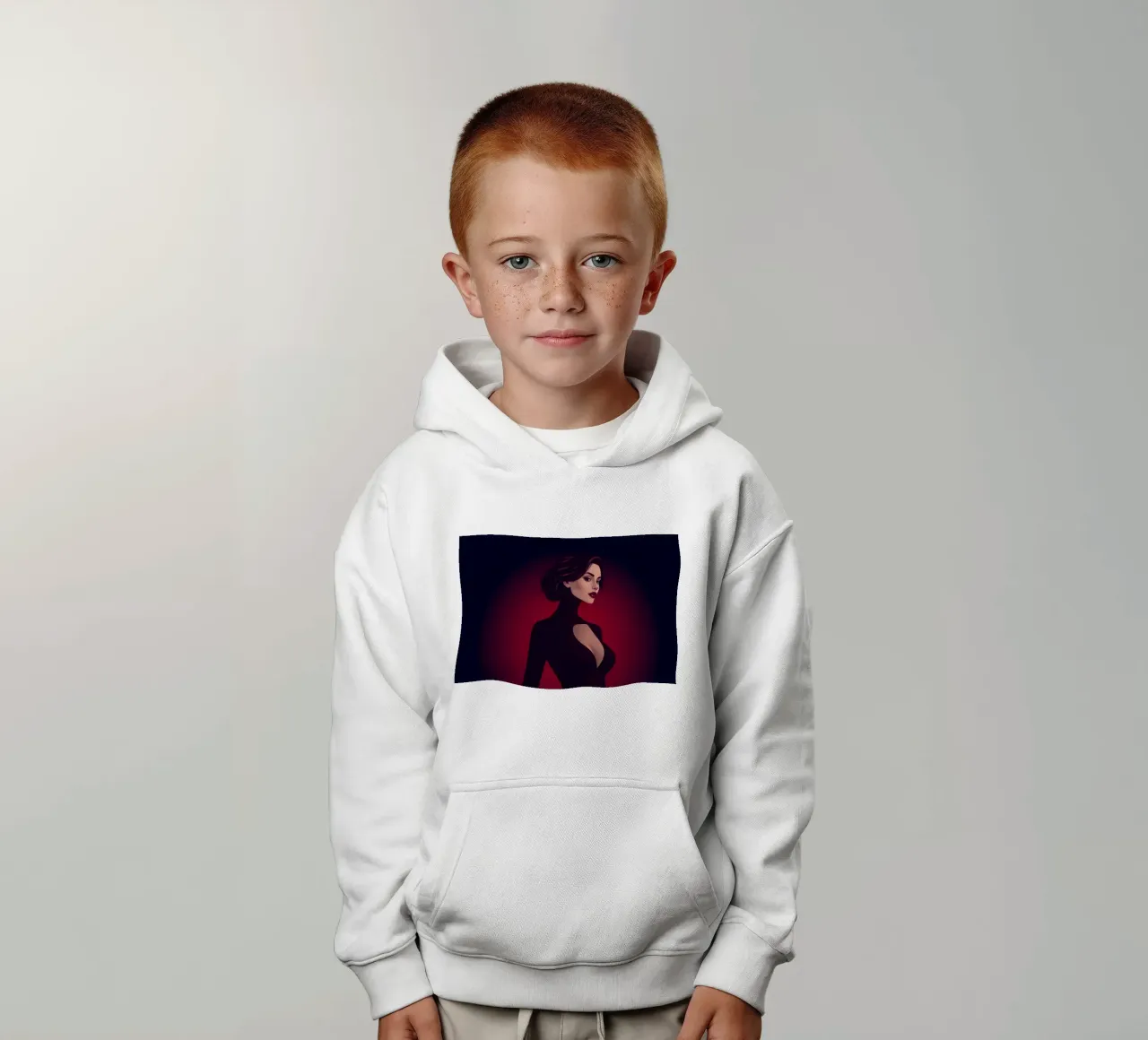 Elegant woman in a sleek black outfit poses kids hoodie by DesignDoodle