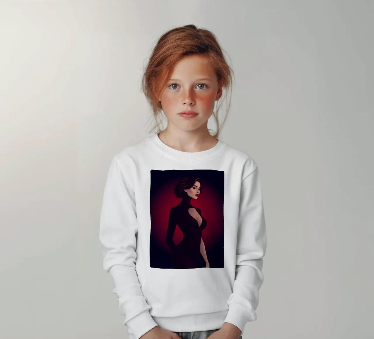 Donna elegante in un elegante abito nero posa felpa bambino da DesignDoodle