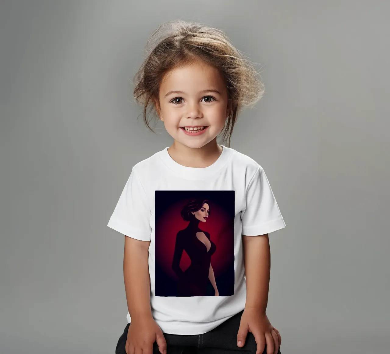 Elegante vrouw in een gestroomlijnde zwarte outfit poseert kinder t-shirt van DesignDoodle