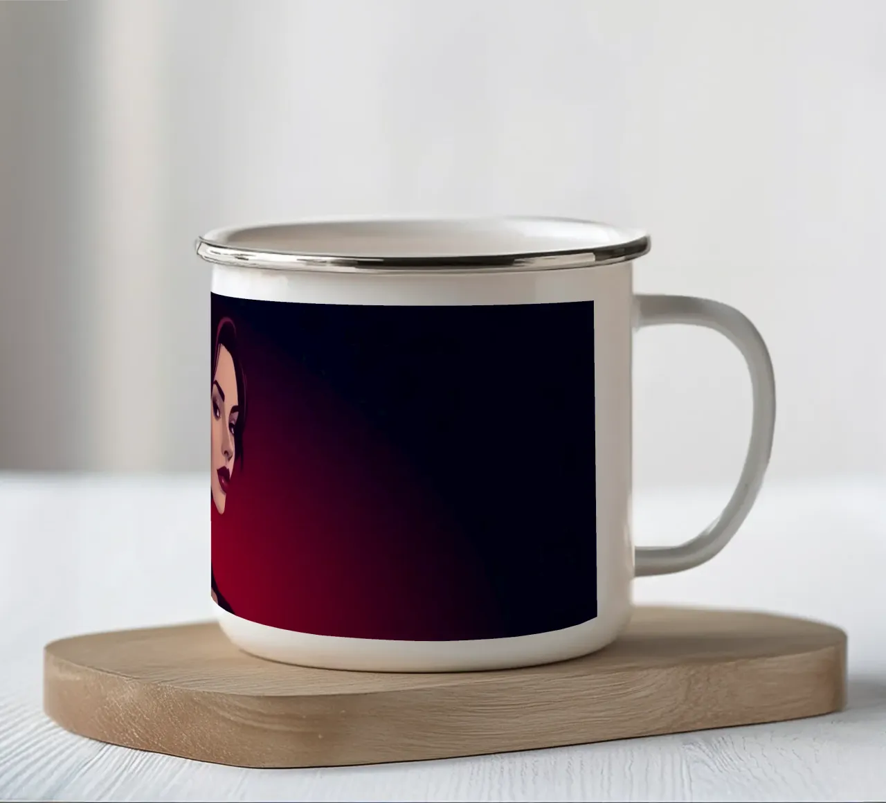 Donna elegante in un elegante abito nero posa tazza in smalto da DesignDoodle