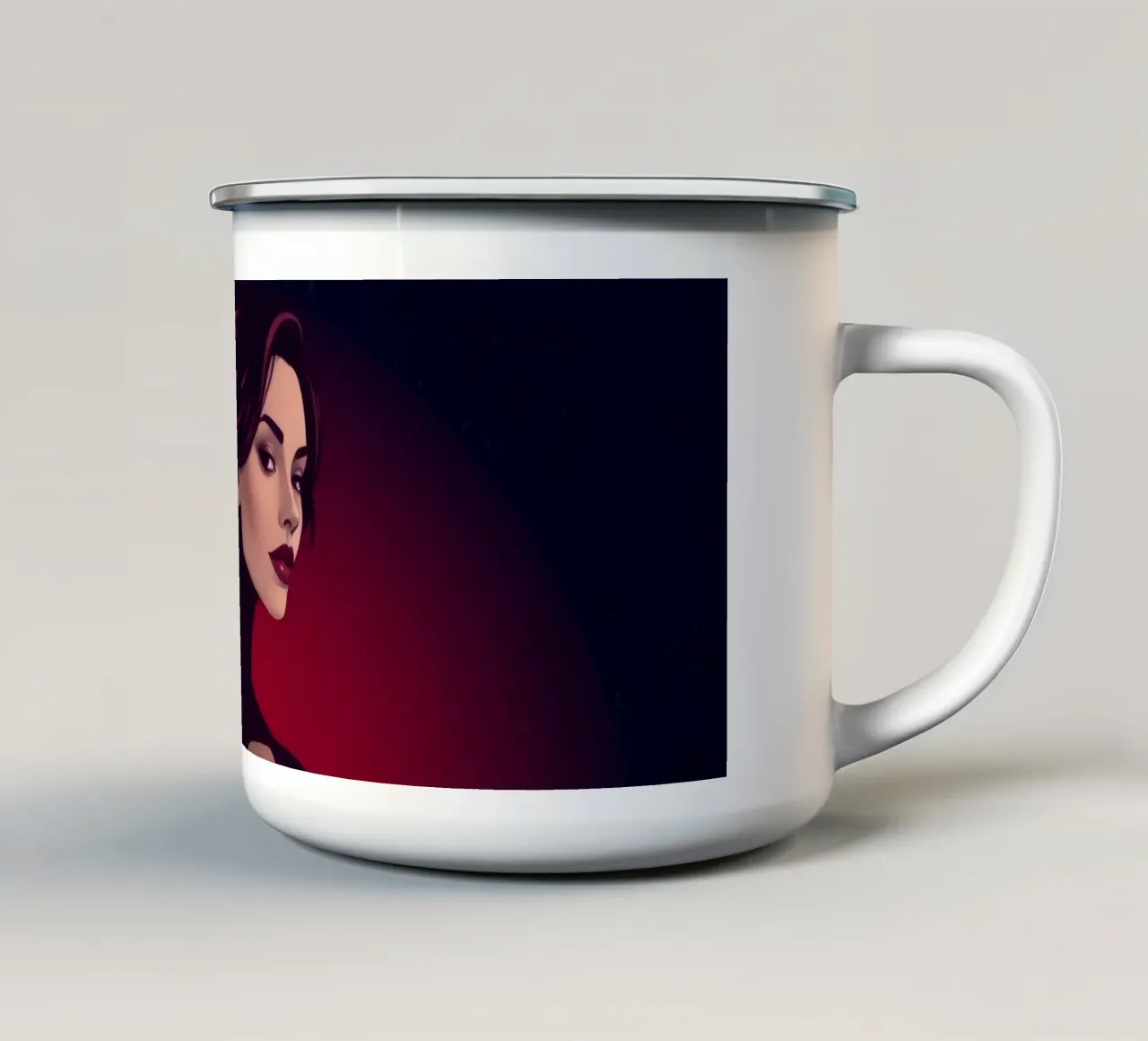 Donna elegante in un elegante abito nero posa tazza in smalto da DesignDoodle