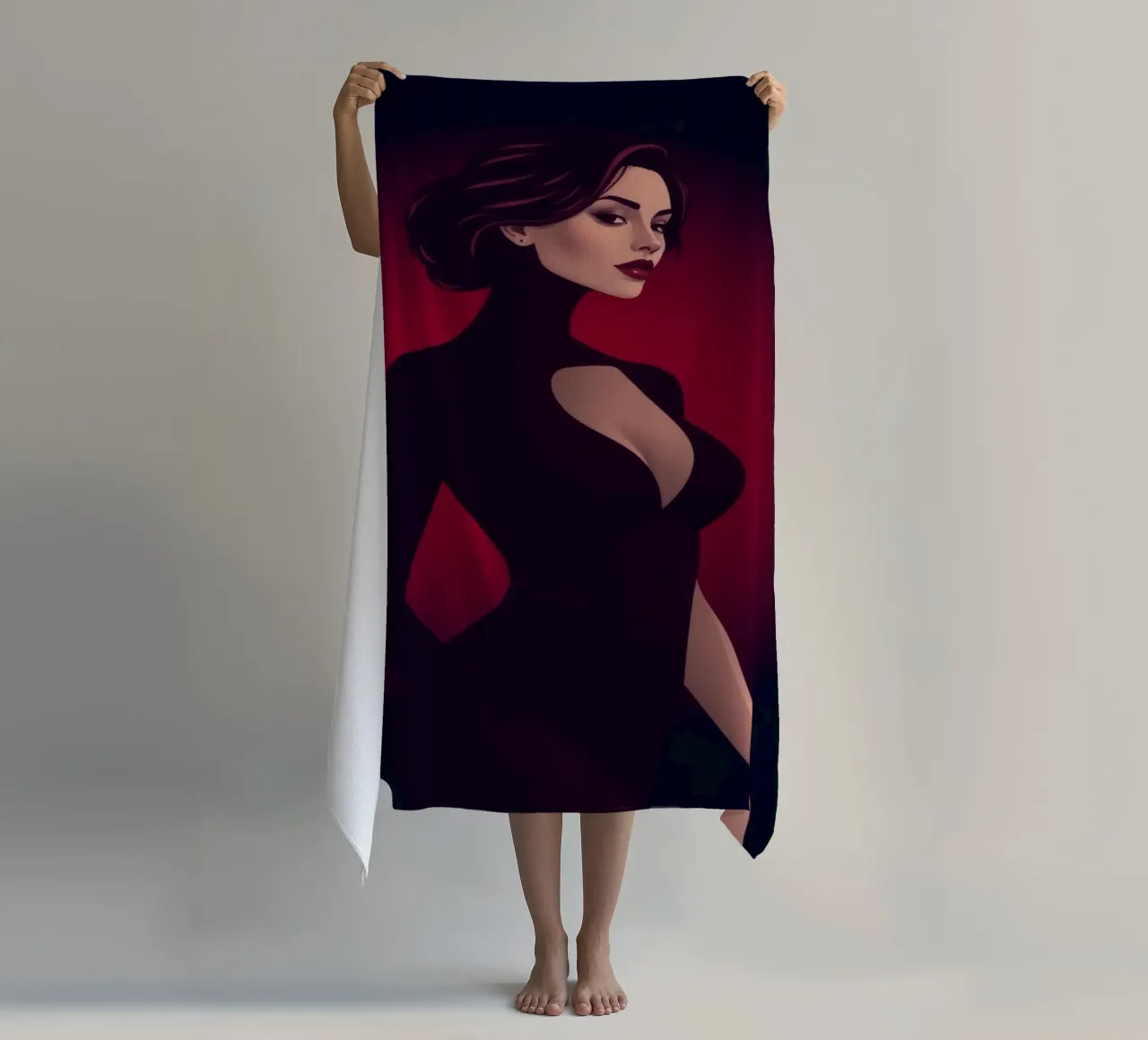 Donna elegante in un elegante abito nero posa telo mare da DesignDoodle