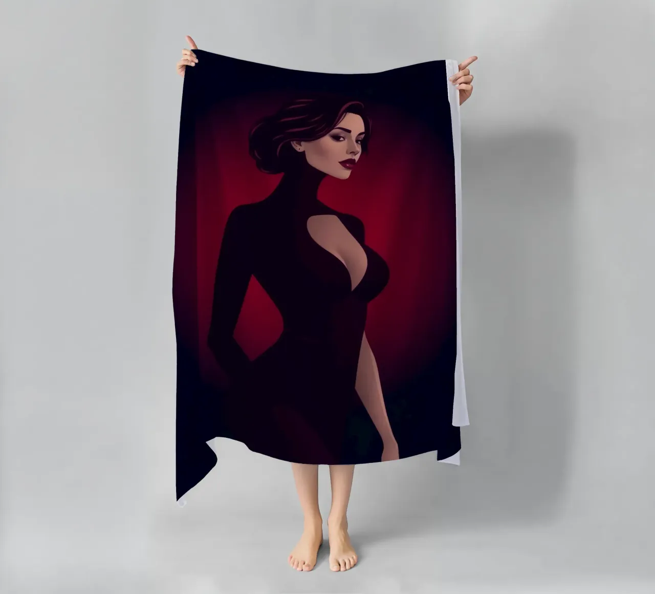 Donna elegante in un elegante abito nero posa telo mare da DesignDoodle