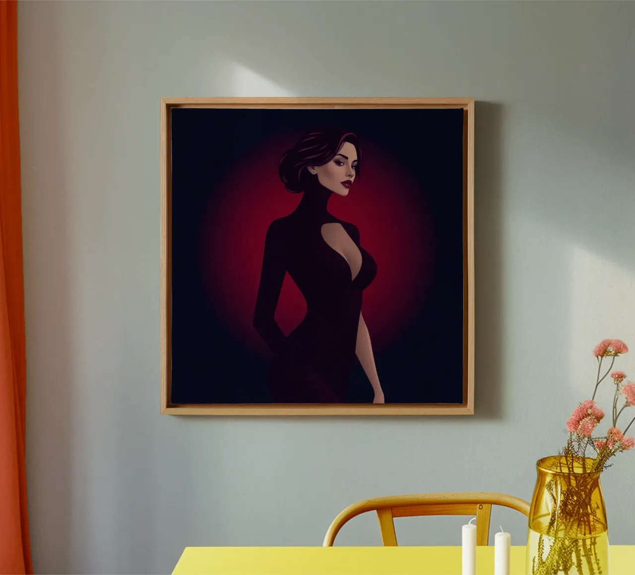 Donna elegante in un elegante abito nero posa tela con Cornice a cassetta da DesignDoodle
