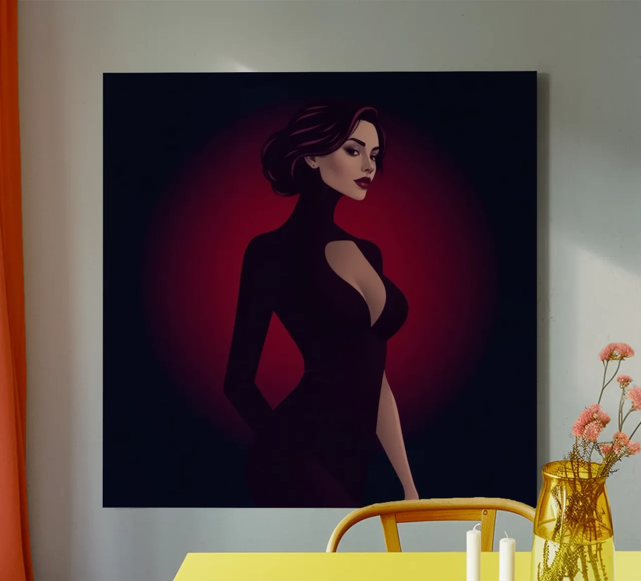 Donna elegante in un elegante abito nero posa tela con Cornice a cassetta da DesignDoodle