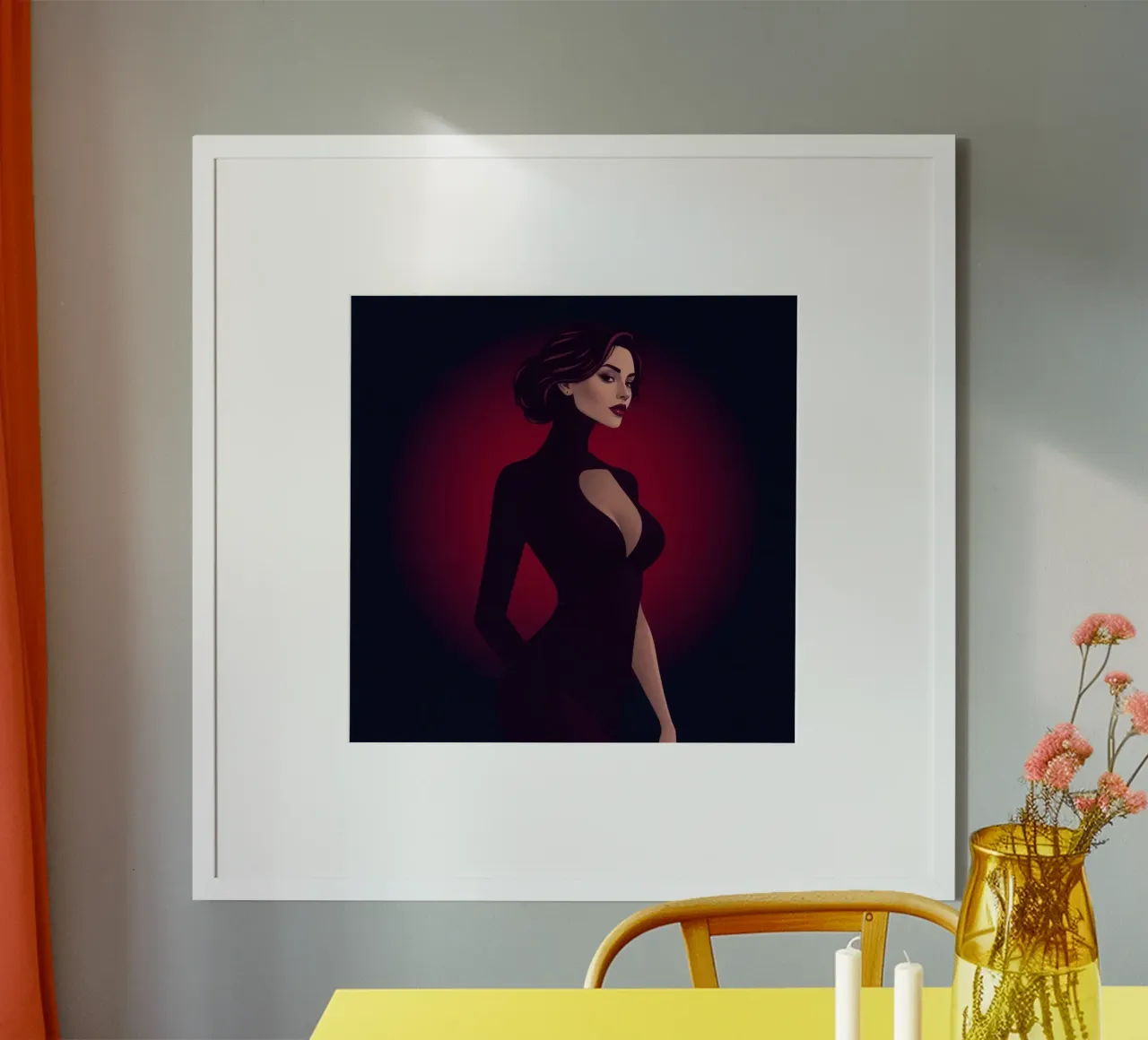 Donna elegante in un elegante abito nero posa poster da DesignDoodle