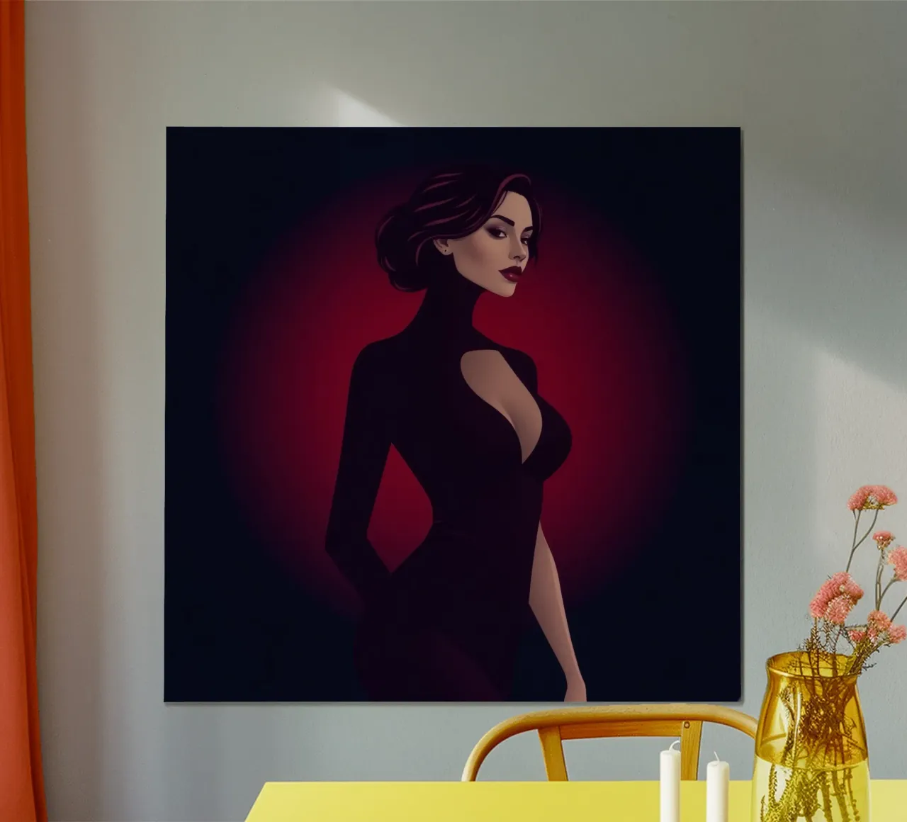 Donna elegante in un elegante abito nero posa poster da DesignDoodle