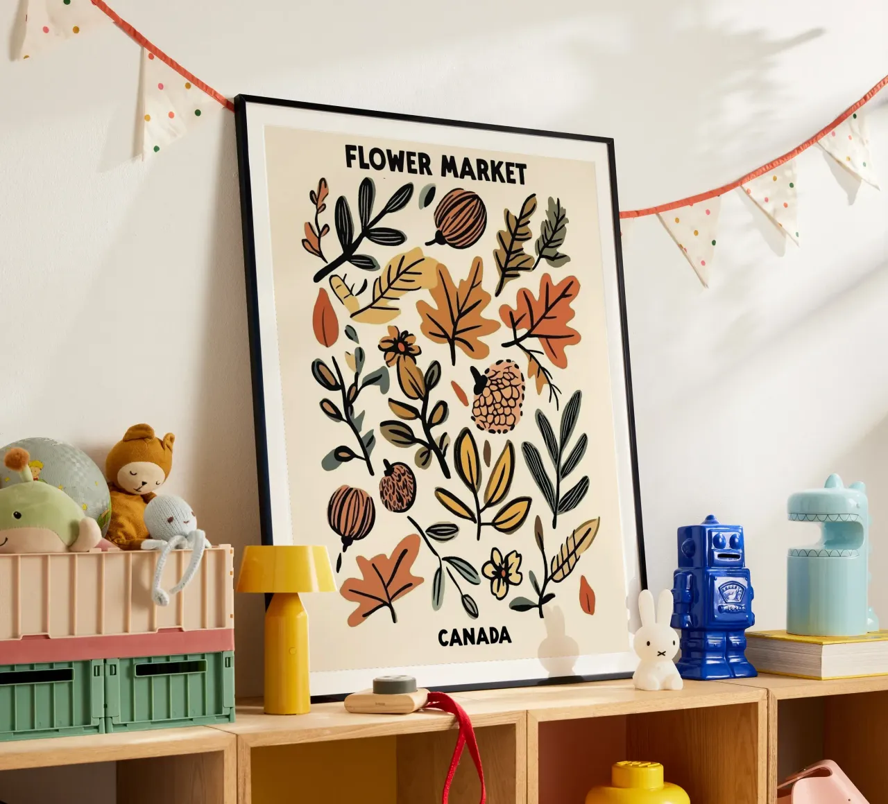 Mercato dei fiori, Canada, Illustrazione poster con telaio in legno da Peaches Art Prints