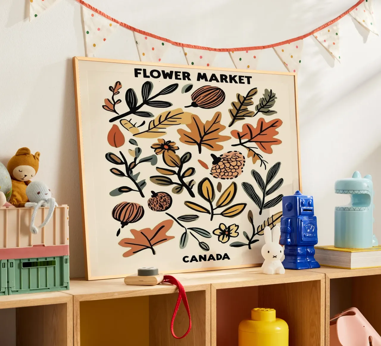 Mercato dei fiori, Canada, Illustrazione poster con telaio in legno da Peaches Art Prints