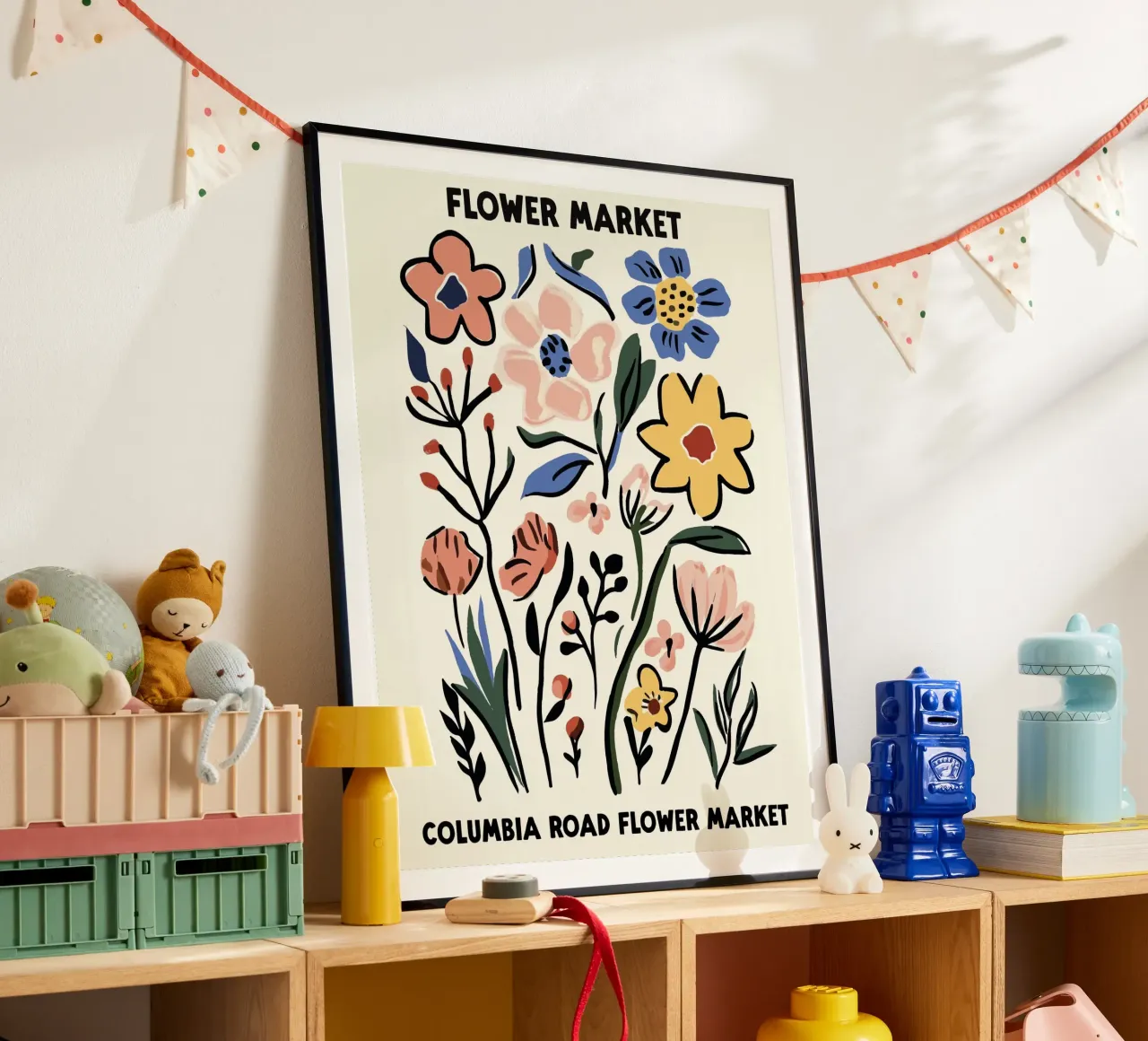 Mercato dei fiori, Londra, Columbia Road, Illustrazione poster con telaio in plastica da Peaches Art Prints