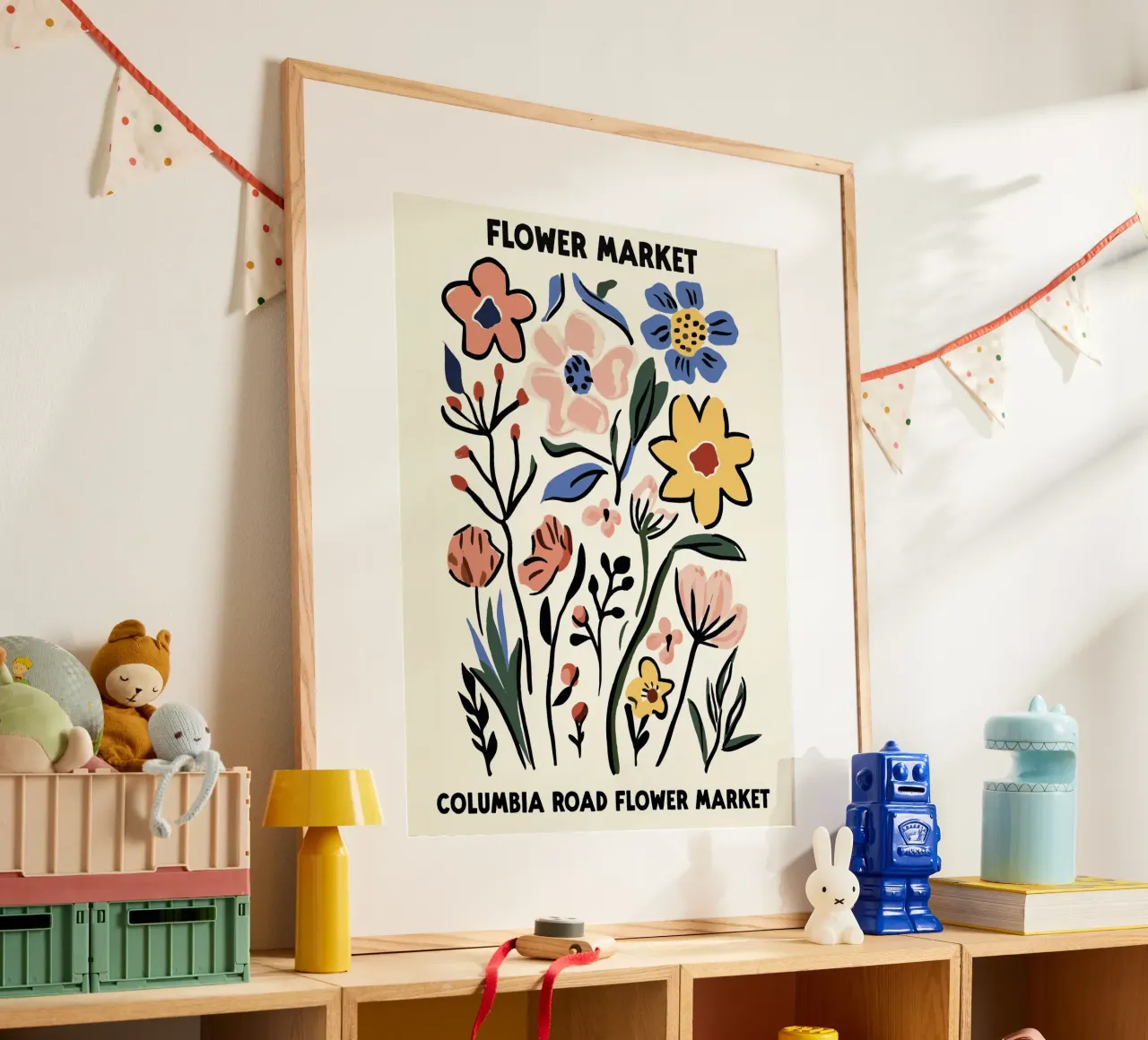 Mercato dei fiori, Londra, Columbia Road, Illustrazione poster con telaio in plastica da Peaches Art Prints
