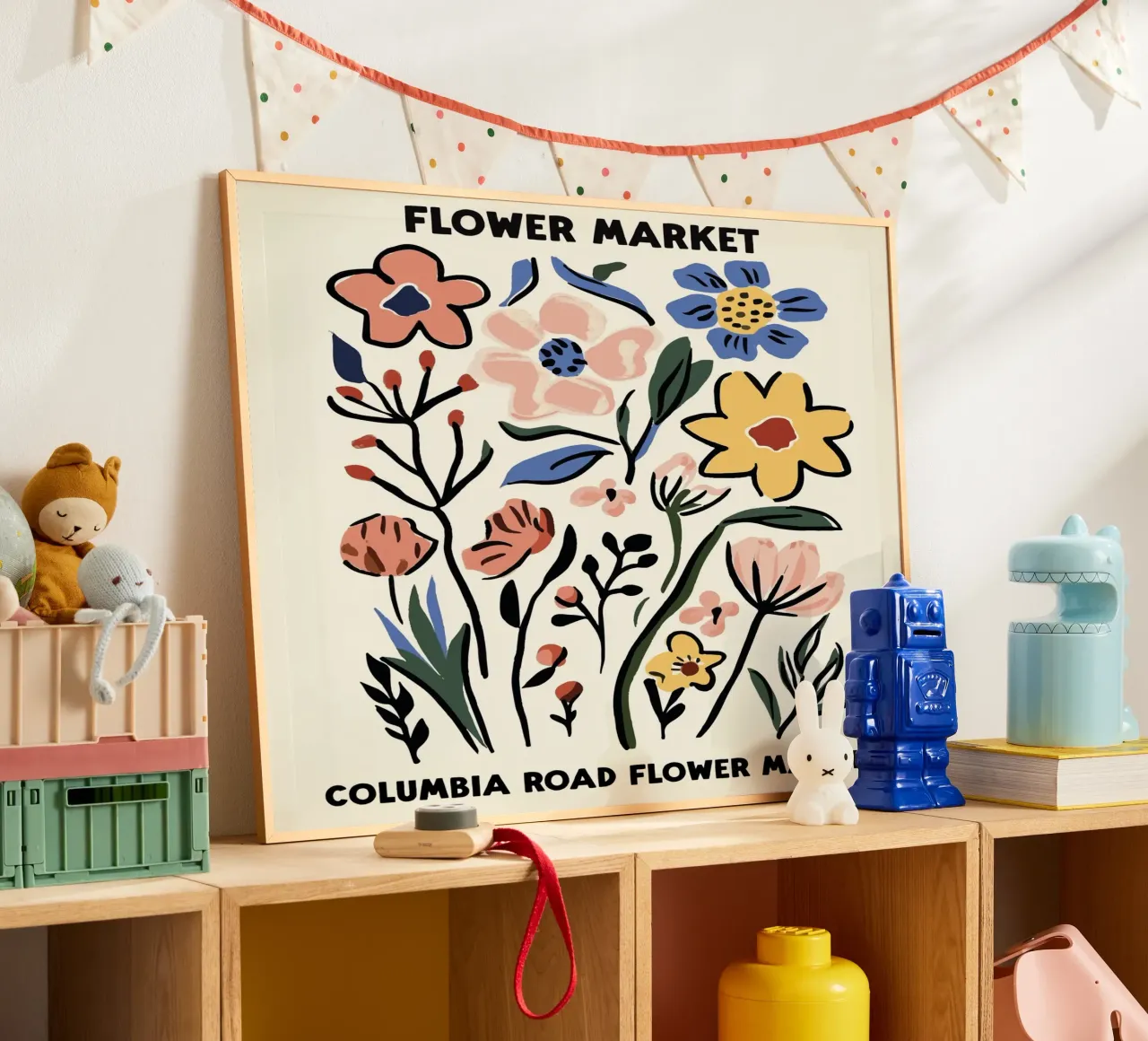Mercato dei fiori, Londra, Columbia Road, Illustrazione poster con telaio in plastica da Peaches Art Prints