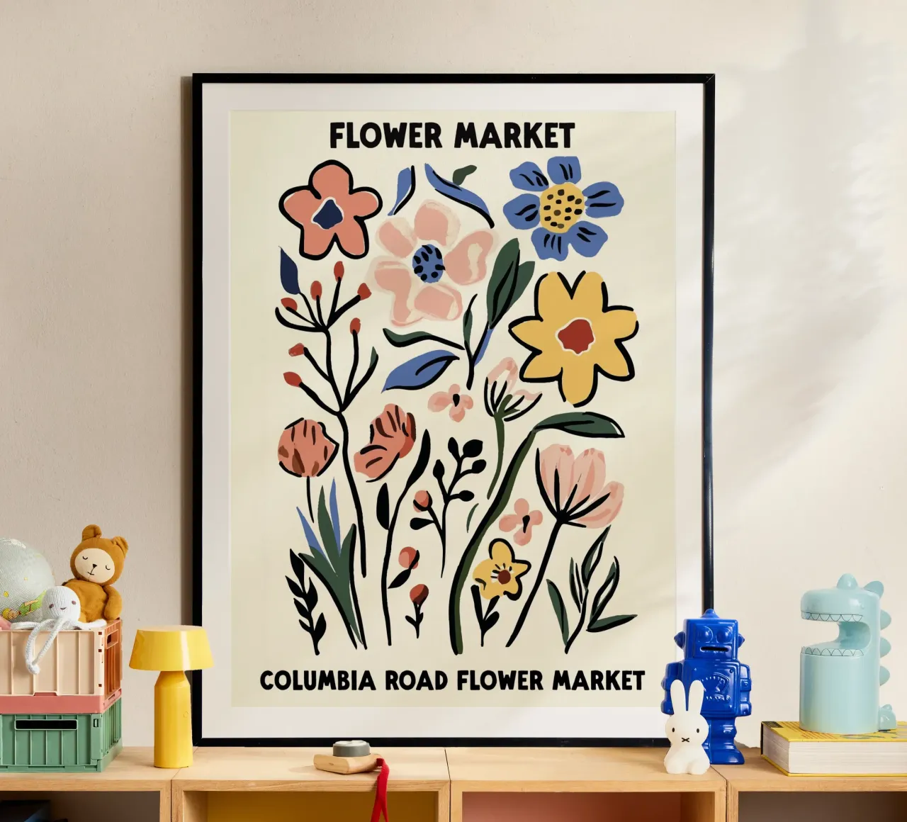 Mercato dei fiori, Londra, Columbia Road, Illustrazione poster con telaio in plastica da Peaches Art Prints