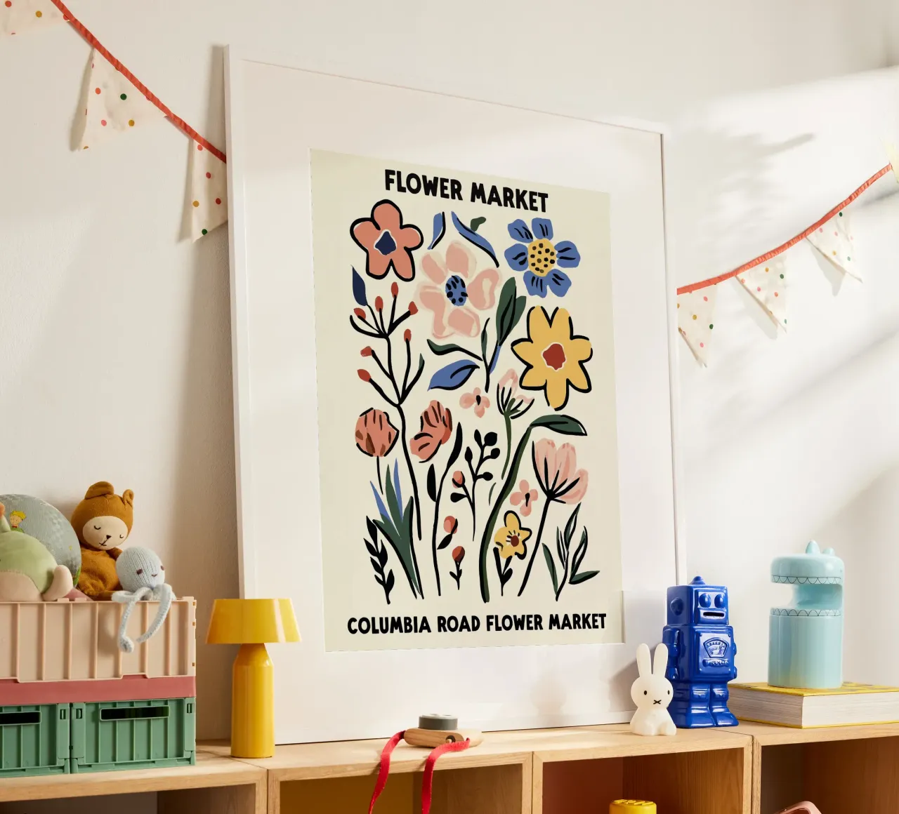 Mercato dei fiori, Londra, Columbia Road, Illustrazione poster con telaio in plastica da Peaches Art Prints