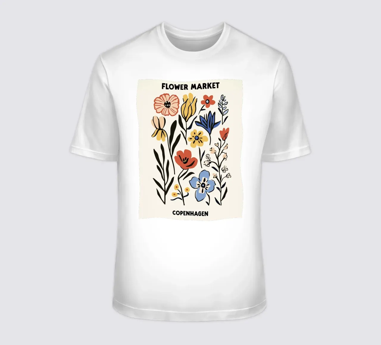 Mercato dei fiori, Copenaghen, Danimarca, Illustrazione t-shirt da Peaches Art Prints