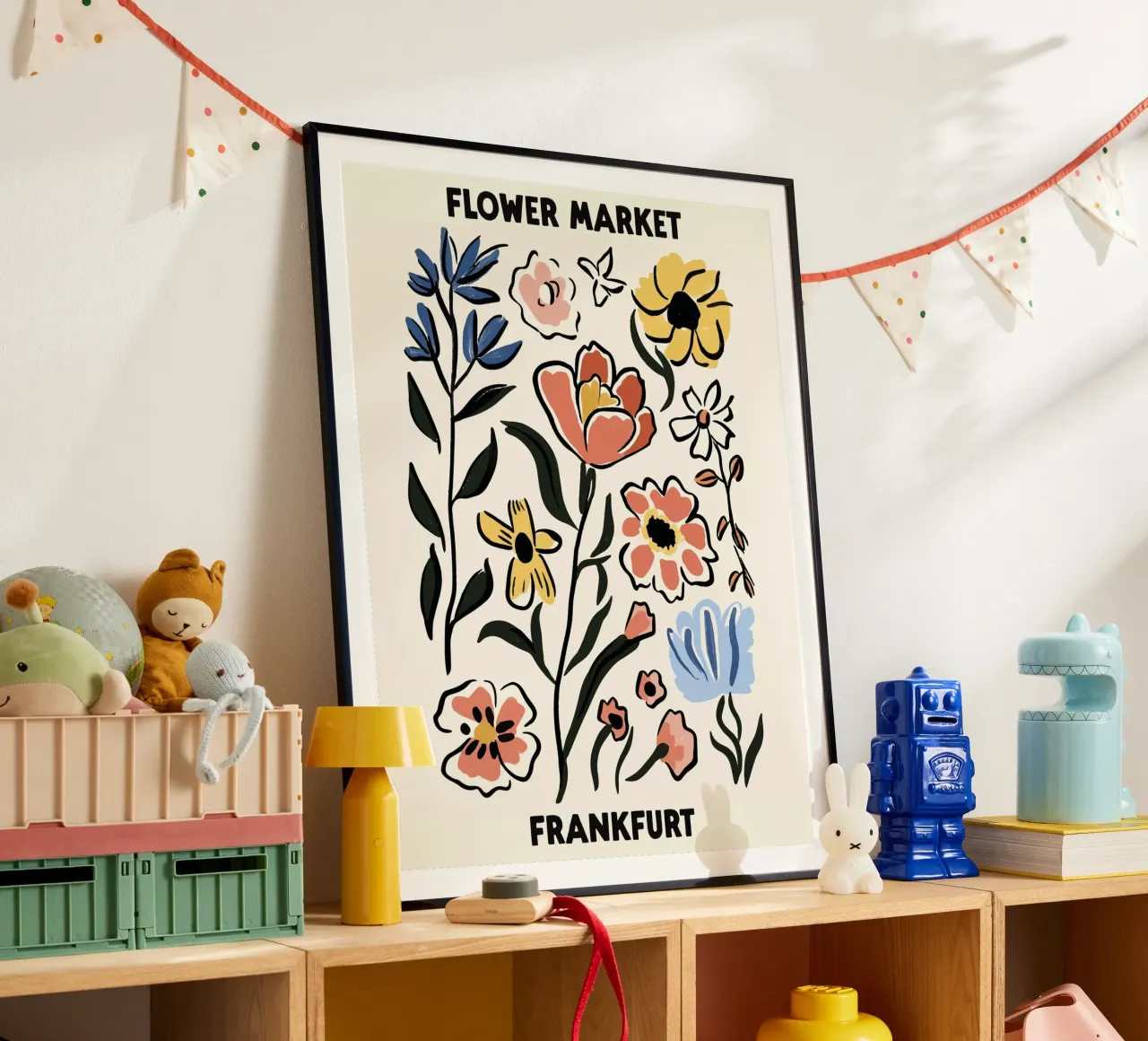 Mercato dei fiori, Francoforte, Germania, Illustrazione poster con telaio in legno da Peaches Art Prints
