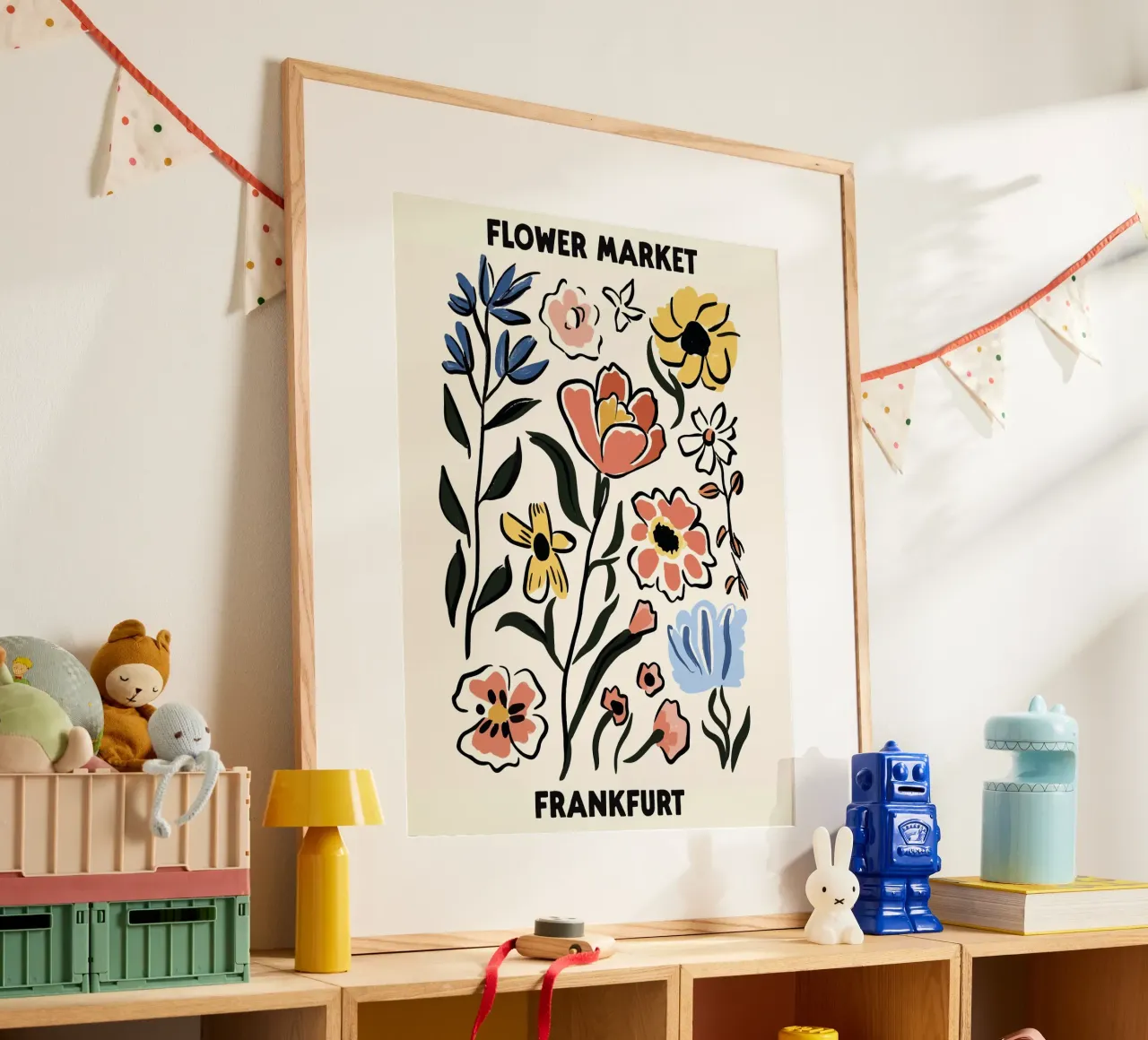 Mercato dei fiori, Francoforte, Germania, Illustrazione poster con telaio in legno da Peaches Art Prints