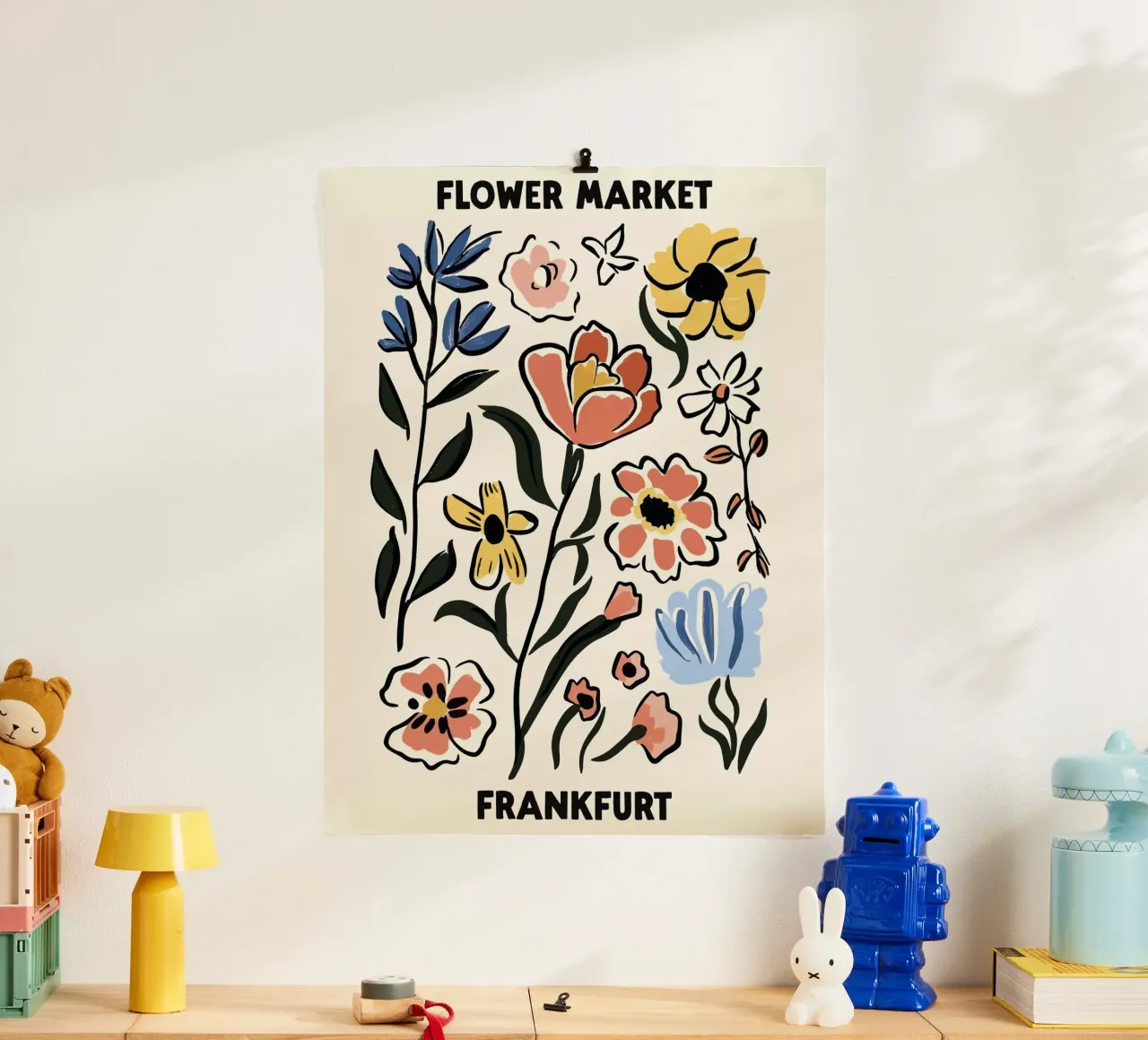 Mercato dei fiori, Francoforte, Germania, Illustrazione poster con telaio in legno da Peaches Art Prints