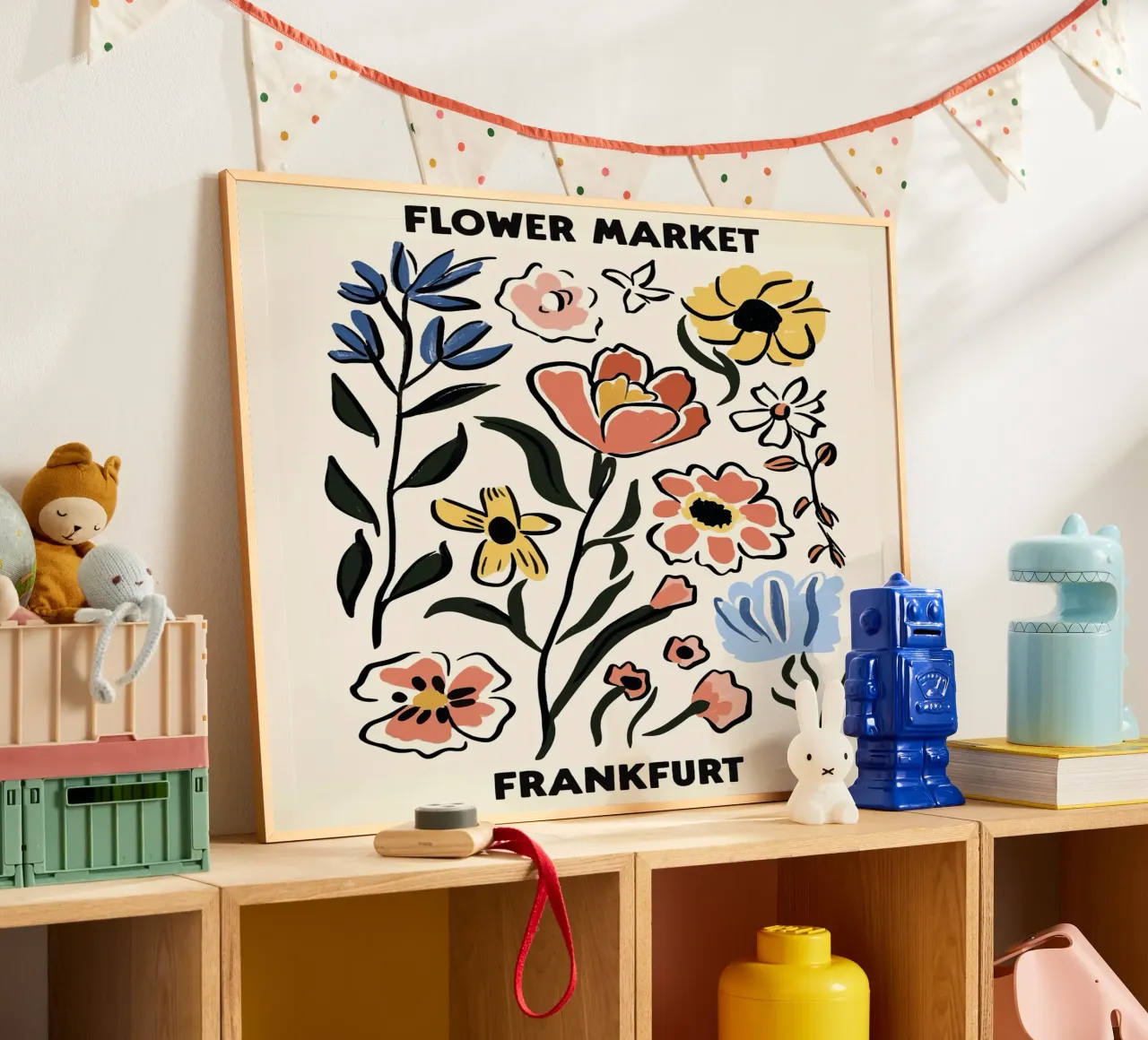 Mercato dei fiori, Francoforte, Germania, Illustrazione poster con telaio in legno da Peaches Art Prints