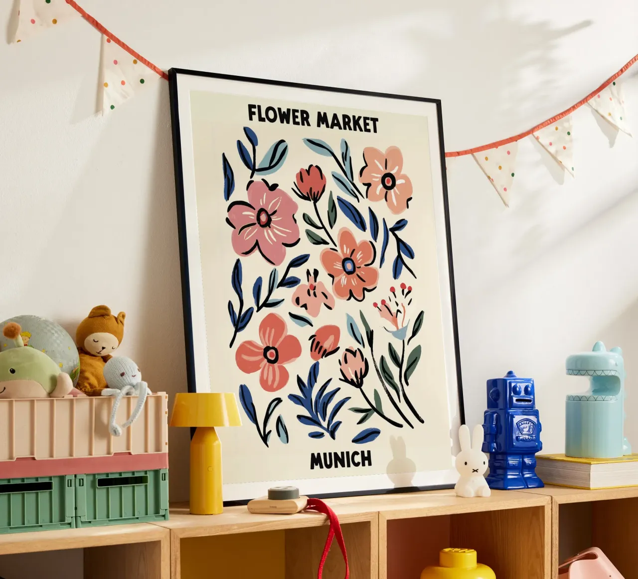 Mercato dei fiori, Monaco, Germania, Illustrazione poster con telaio in plastica da Peaches Art Prints