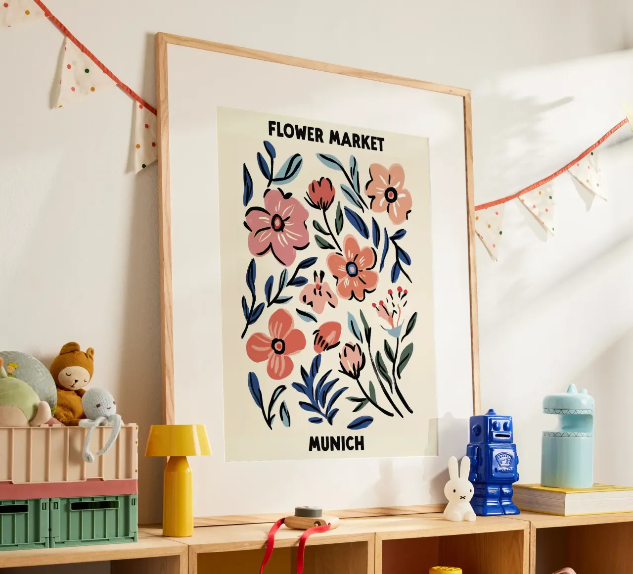 Mercato dei fiori, Monaco, Germania, Illustrazione poster con telaio in plastica da Peaches Art Prints