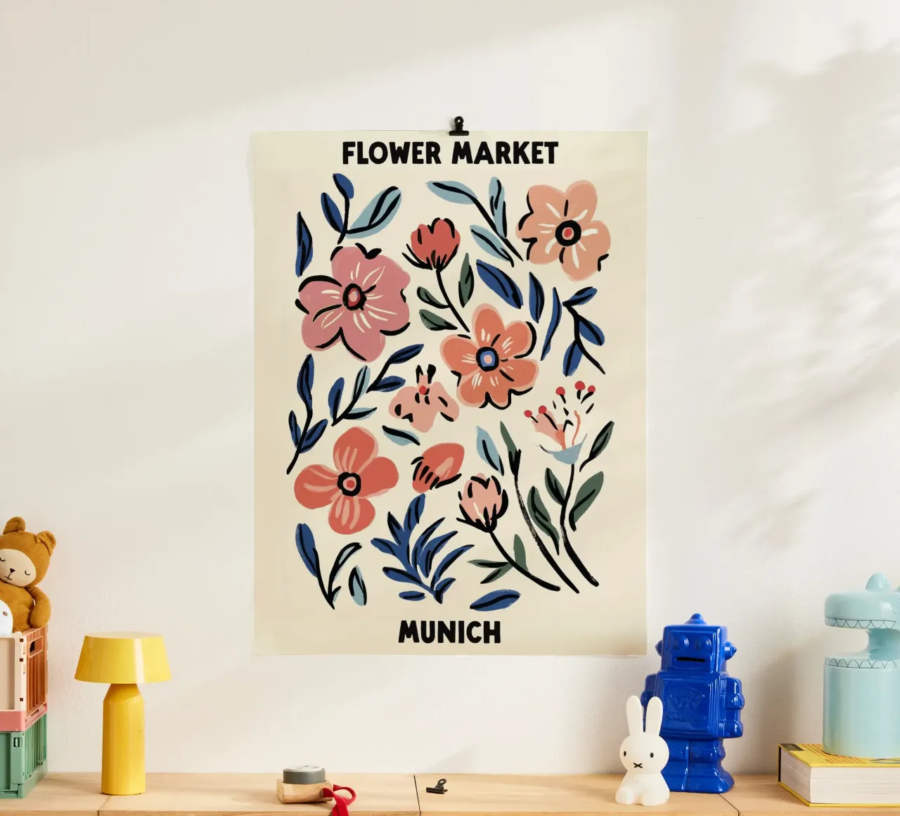 Mercato dei fiori, Monaco, Germania, Illustrazione poster con telaio in plastica da Peaches Art Prints