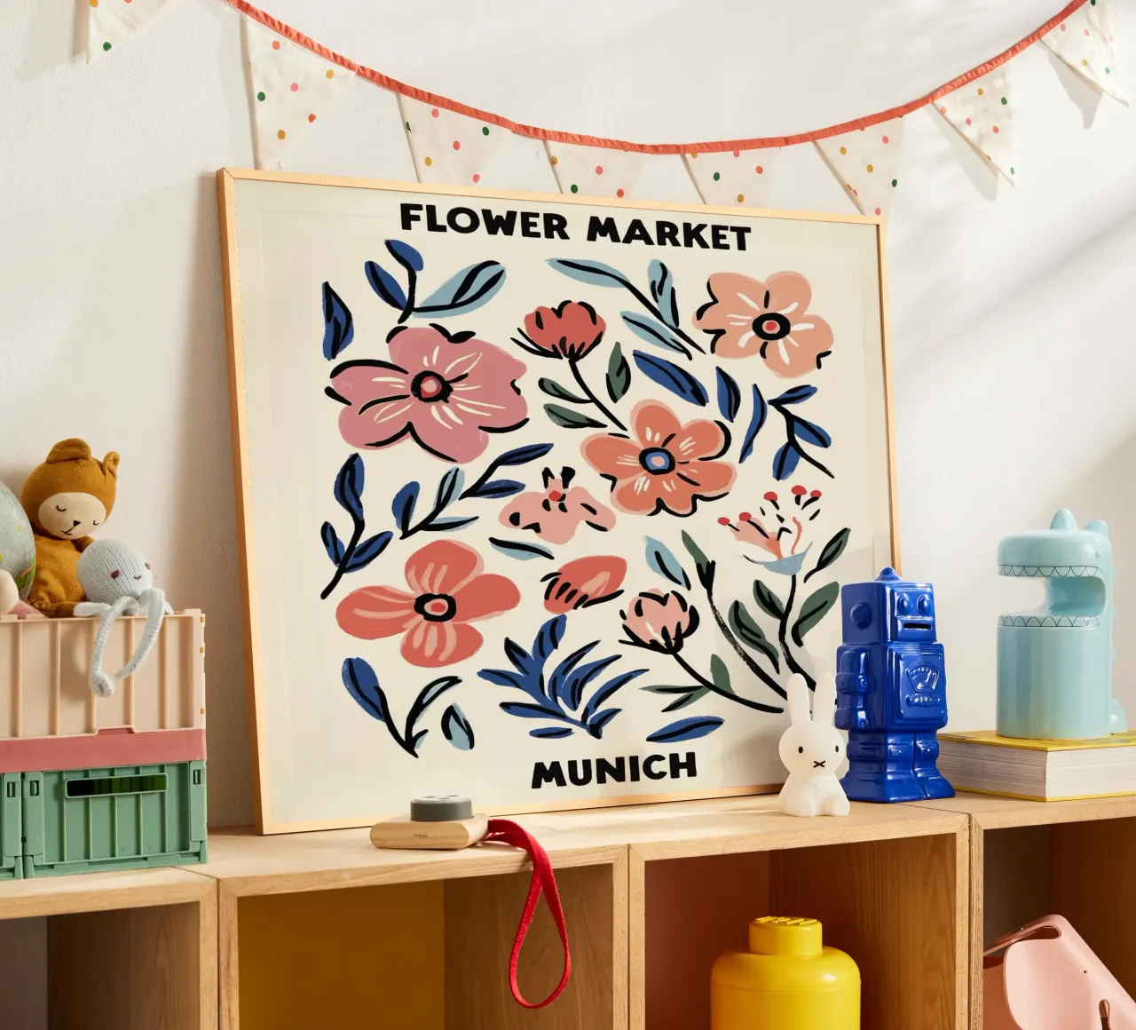 Mercato dei fiori, Monaco, Germania, Illustrazione poster con telaio in plastica da Peaches Art Prints
