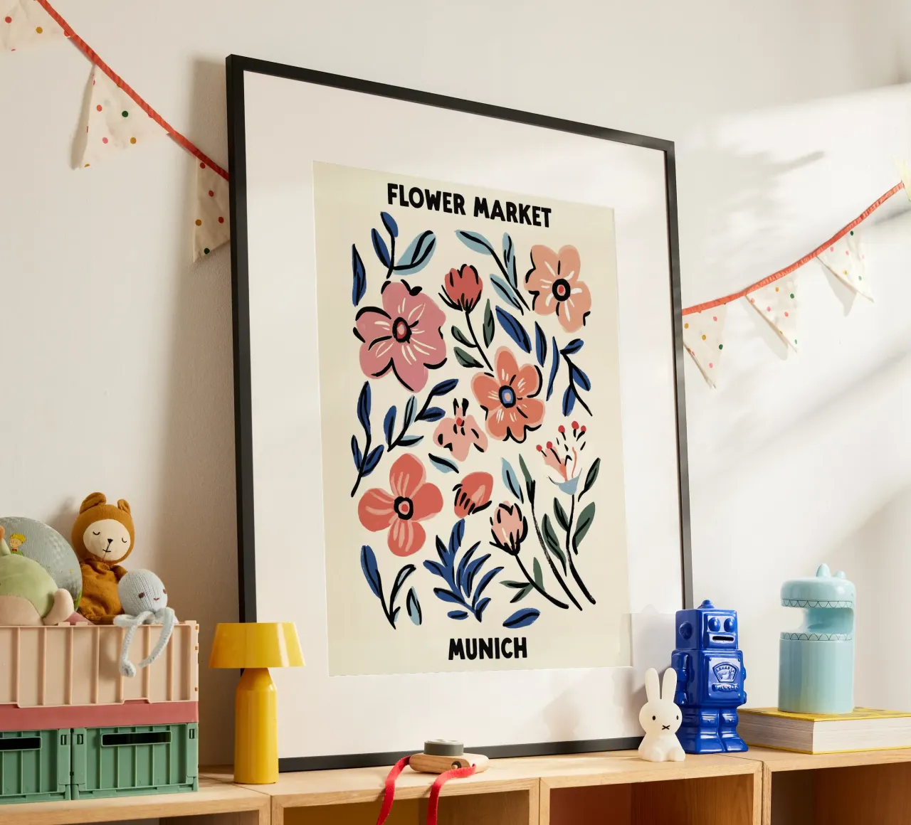 Mercato dei fiori, Monaco, Germania, Illustrazione poster con telaio in plastica da Peaches Art Prints
