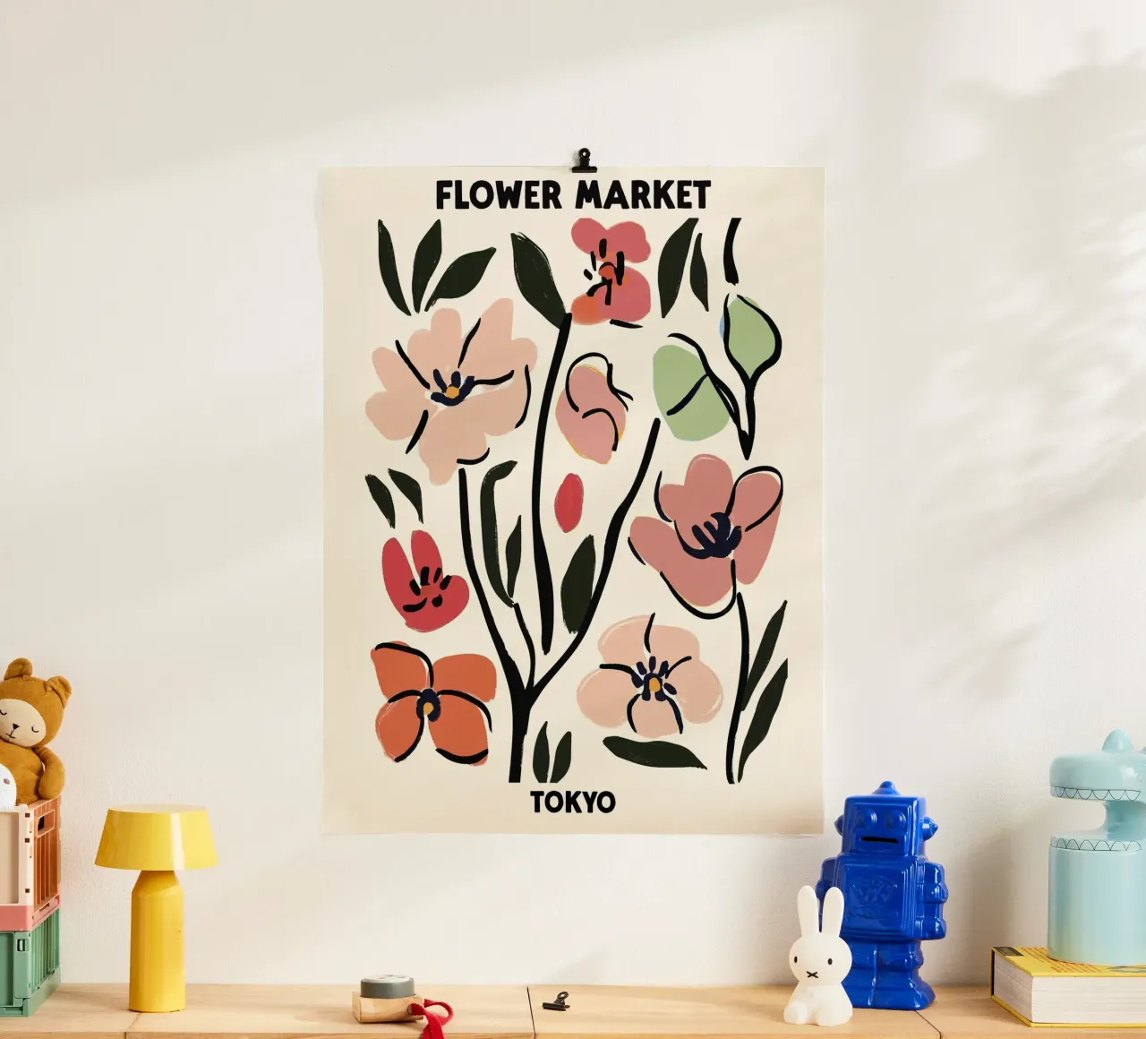 Mercato dei fiori, Tokyo, Giappone, Fiori di ciliegio, Illustrazione poster con telaio in legno da Peaches Art Prints