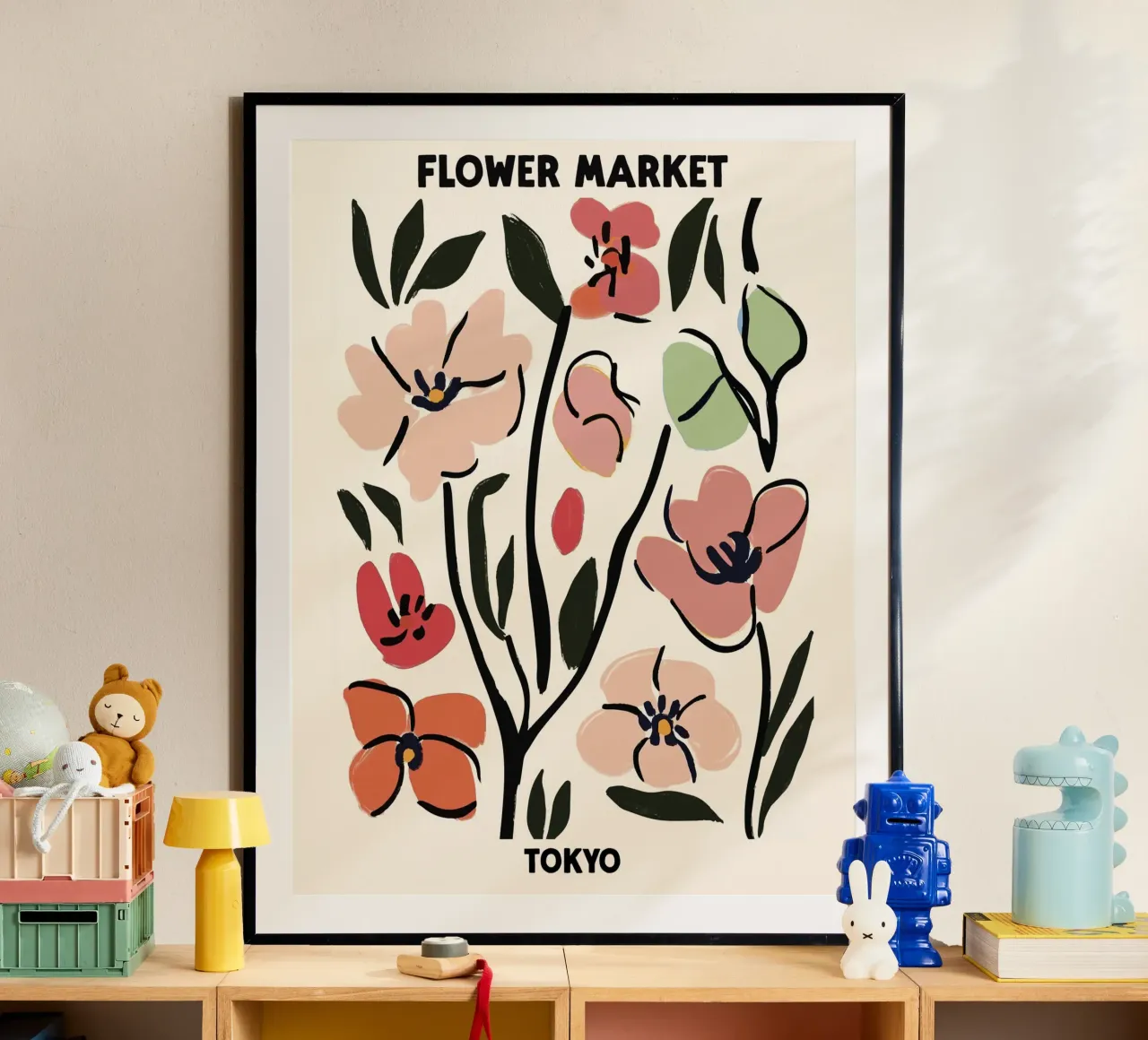 Mercato dei fiori, Tokyo, Giappone, Fiori di ciliegio, Illustrazione poster con telaio in legno da Peaches Art Prints