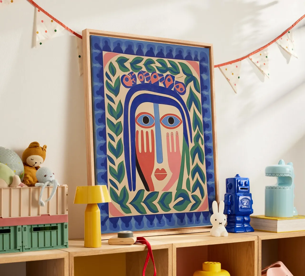 Folk Abstract Gezichtsillustratie Blauw canvas met Baklijst van Peaches Art Prints