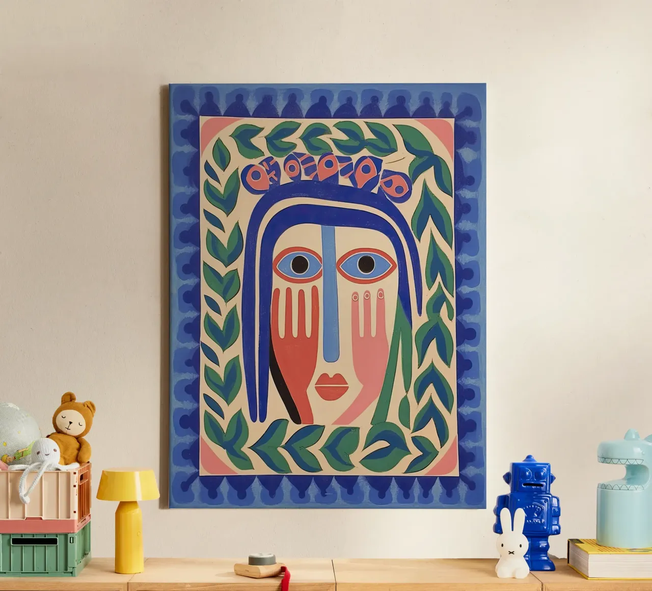 Folk Abstract Gezichtsillustratie Blauw canvas met Baklijst van Peaches Art Prints