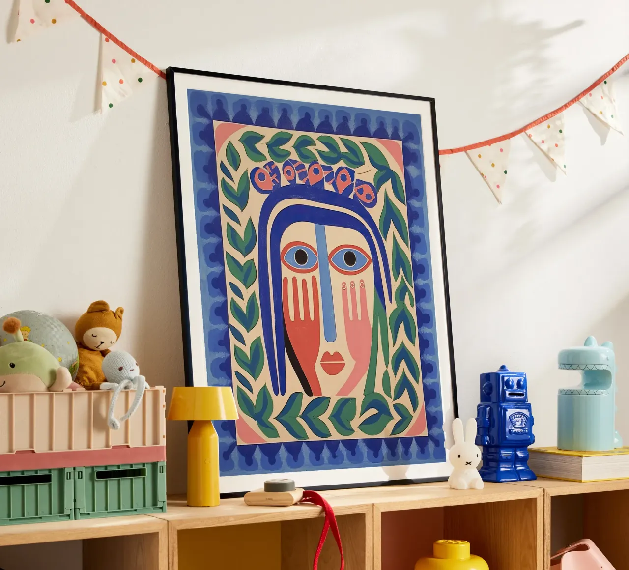 Folk Abstract Gezichtsillustratie Blauw poster van Peaches Art Prints